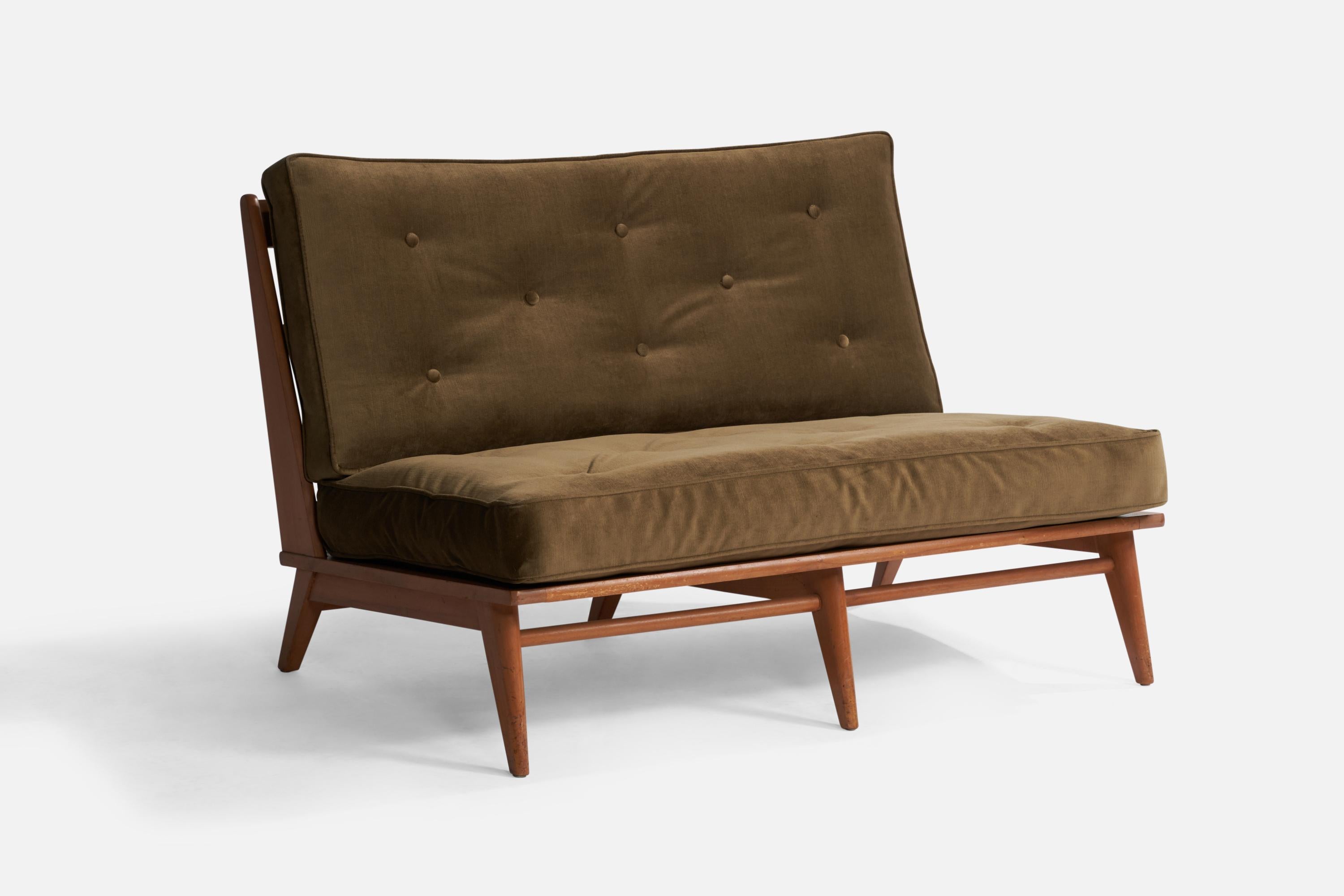 A maple and green velvet fabric settee designed and produced by Heywood Wakefield, USA, 1950s.

Seat height 16”
 