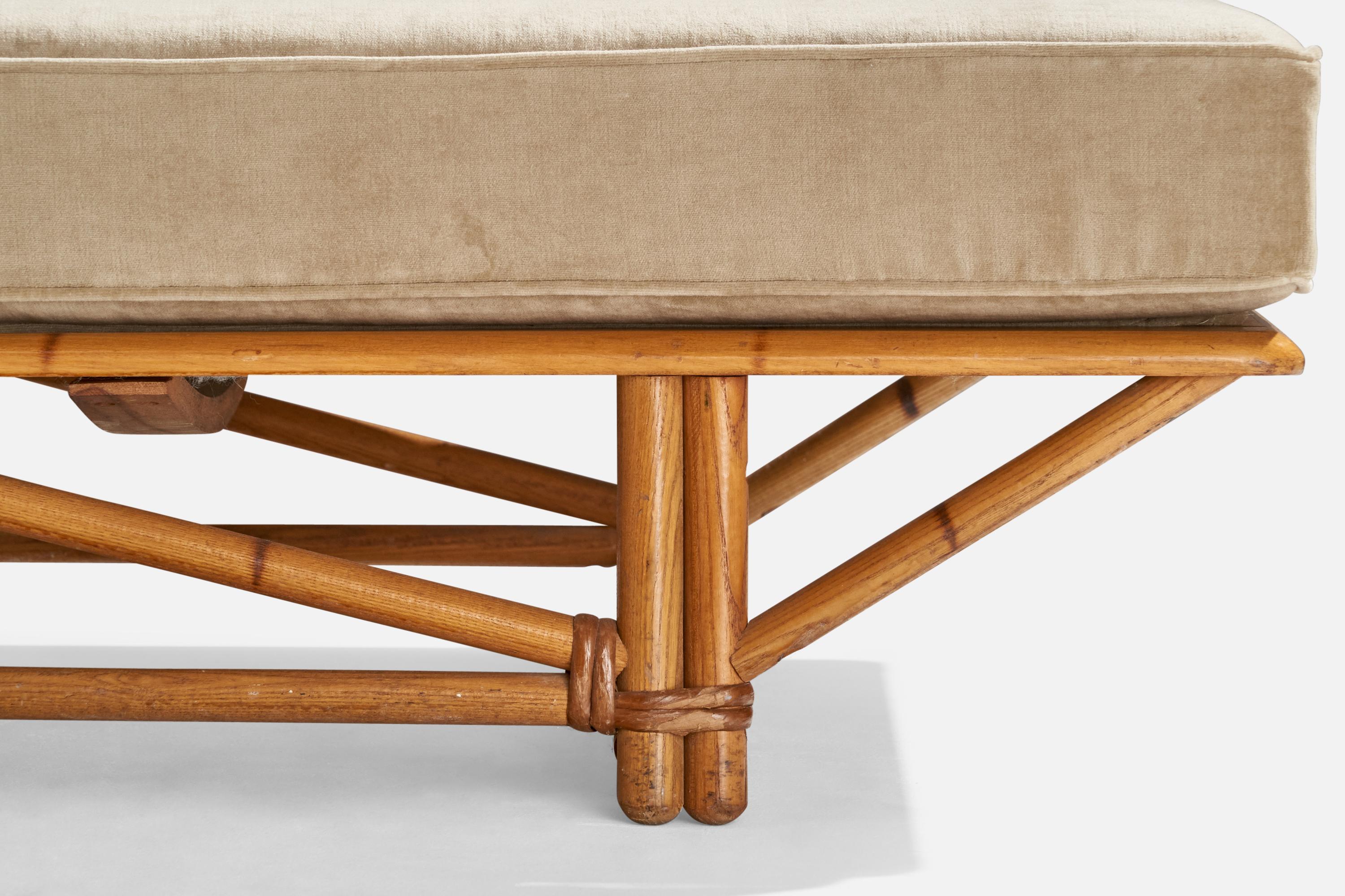 Heywood Wakefield, Sofa, Oak, Rattan, Velvet, USA, 1950s 4