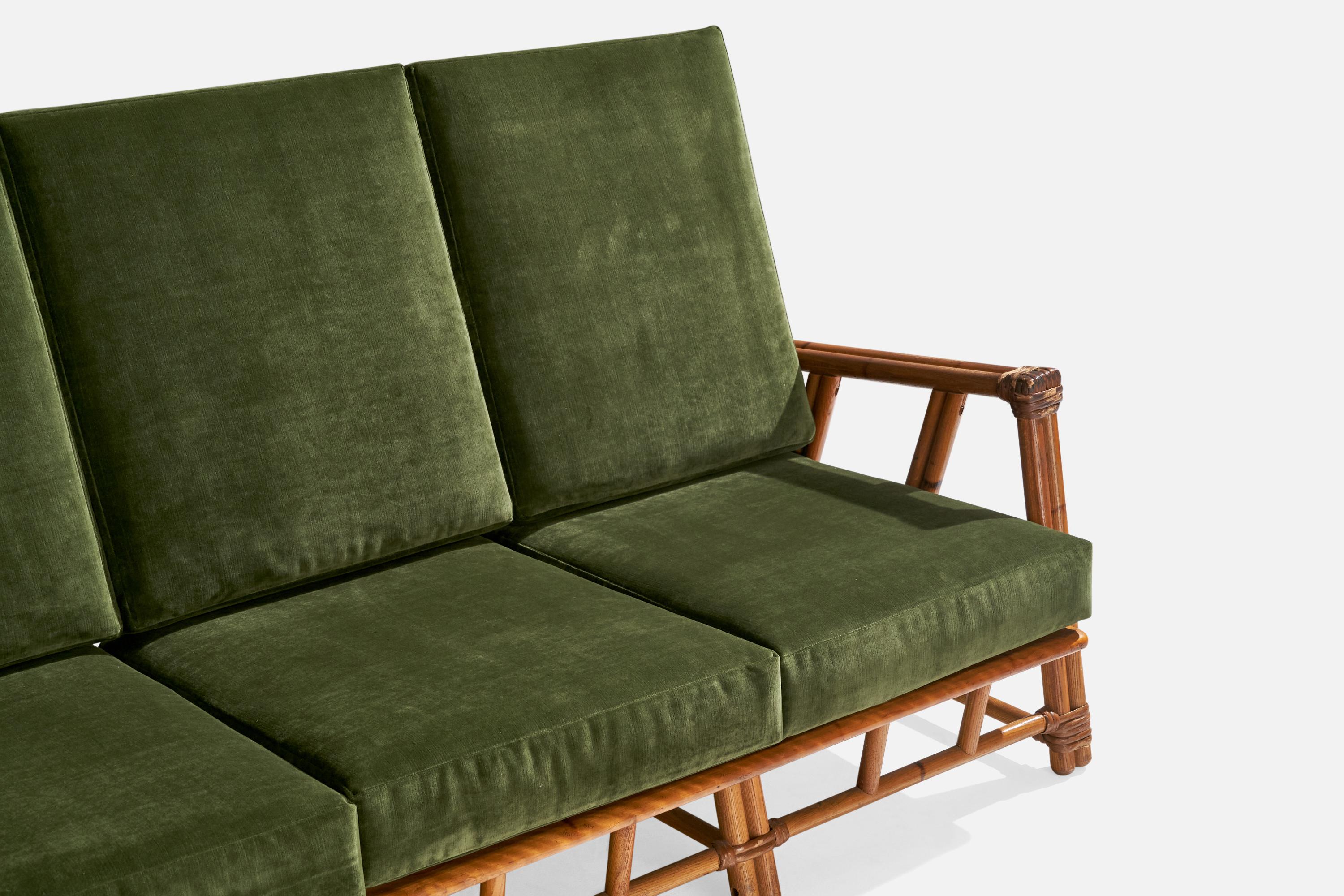 Heywood Wakefield, Sofa, Oak, Rattan, Velvet, USA, 1950s 4