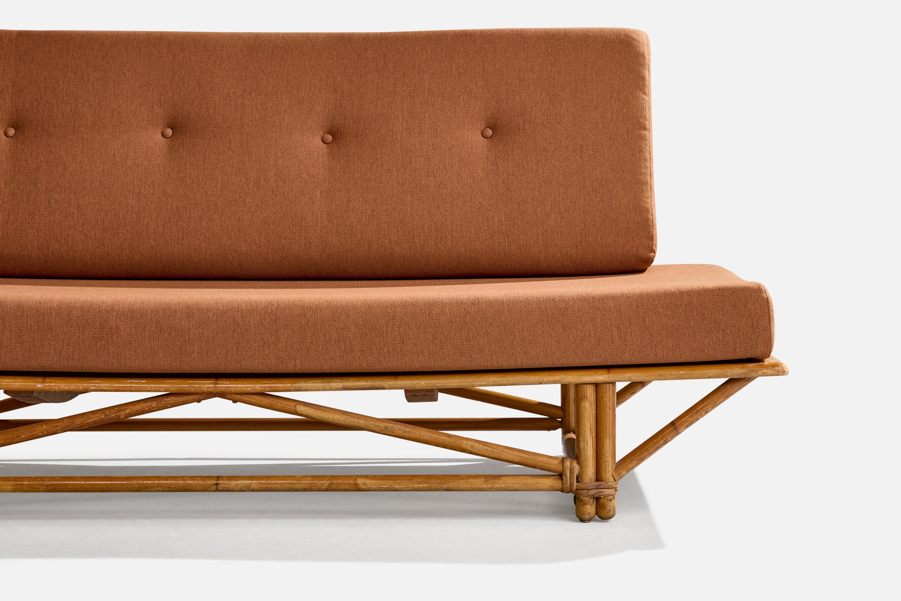 Heywood Wakefield, Sofa, Oak, Rattan, Velvet, USA, 1950s For Sale 4