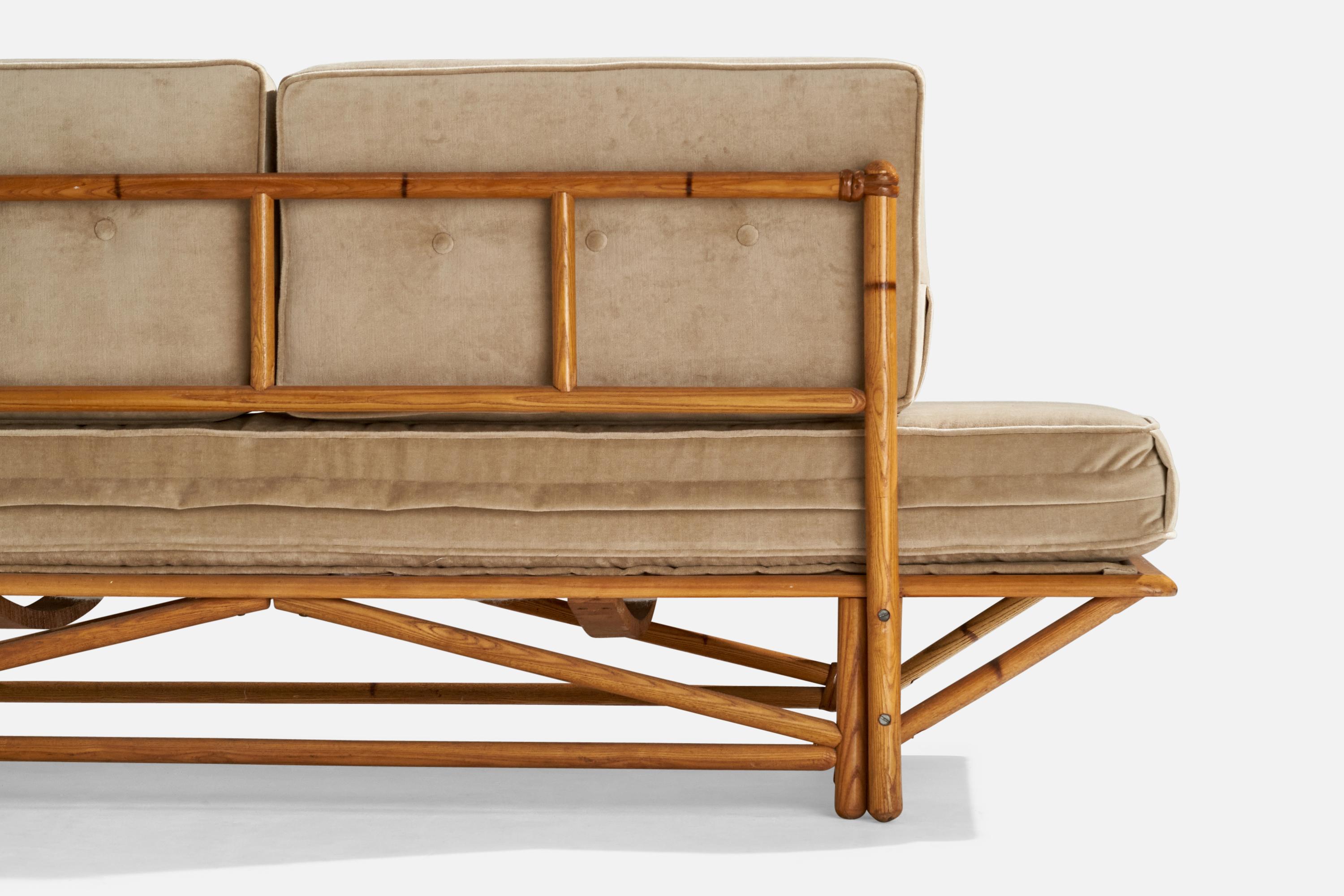 Heywood Wakefield, Sofa, Oak, Rattan, Velvet, USA, 1950s 5
