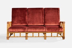 Heywood Wakefield, Sofa, Oak, Rattan, Velvet, USA, 1950s