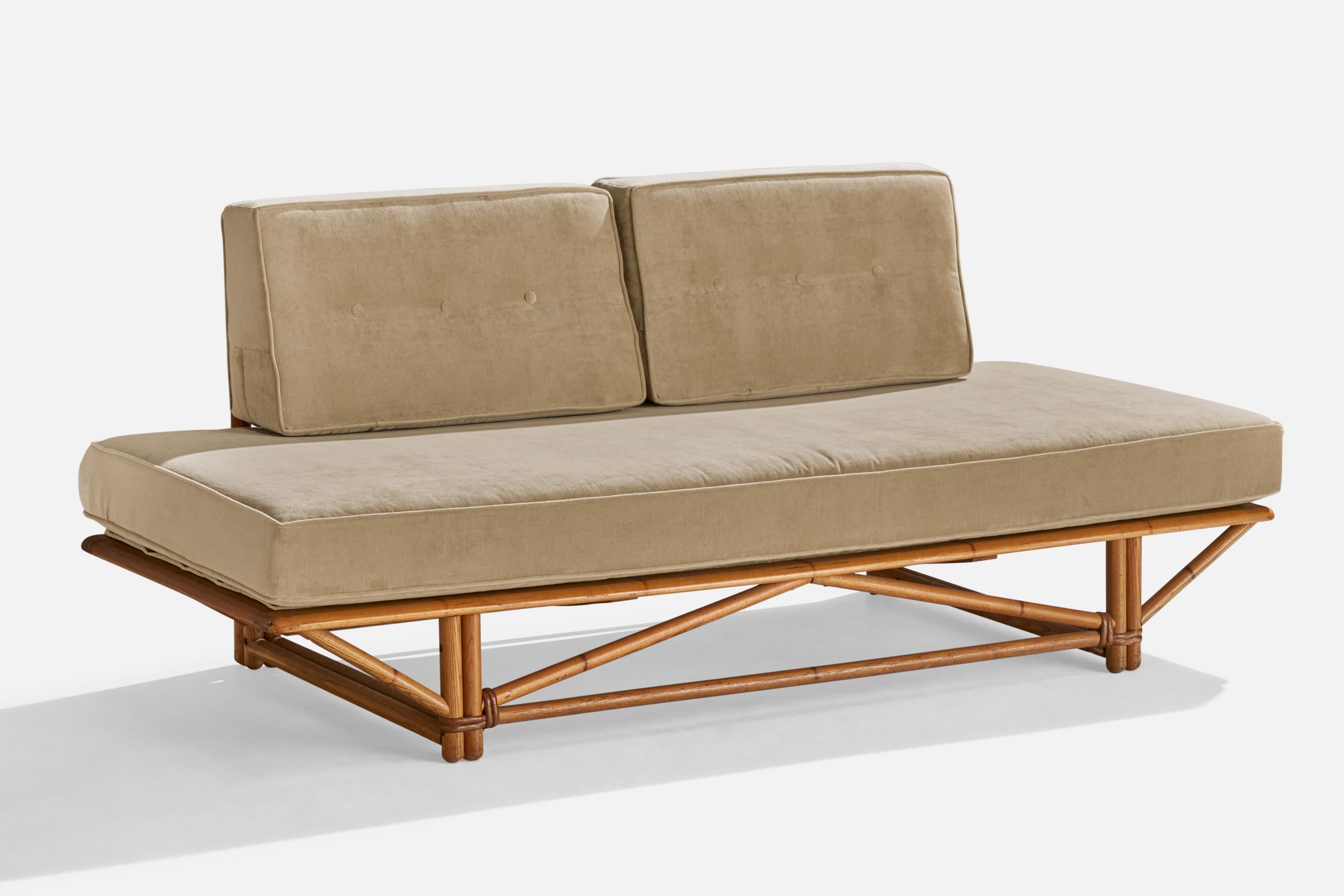 A beige velvet, rattan and oak with painted bamboo details sofa produced Heywood Wakefield, USA, c. 1950s.
