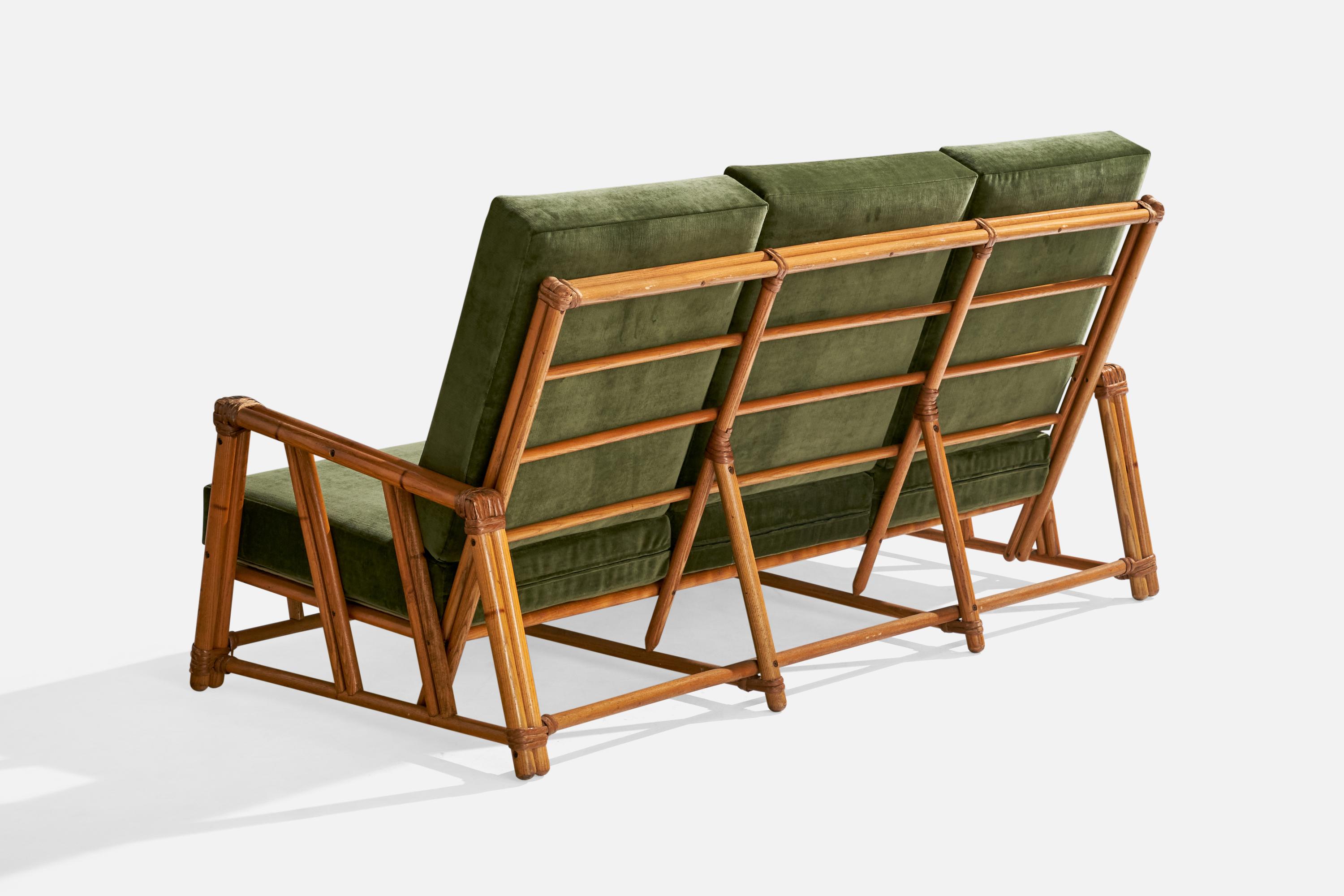 Mid-Century Modern Heywood Wakefield, Sofa, Oak, Rattan, Velvet, USA, 1950s
