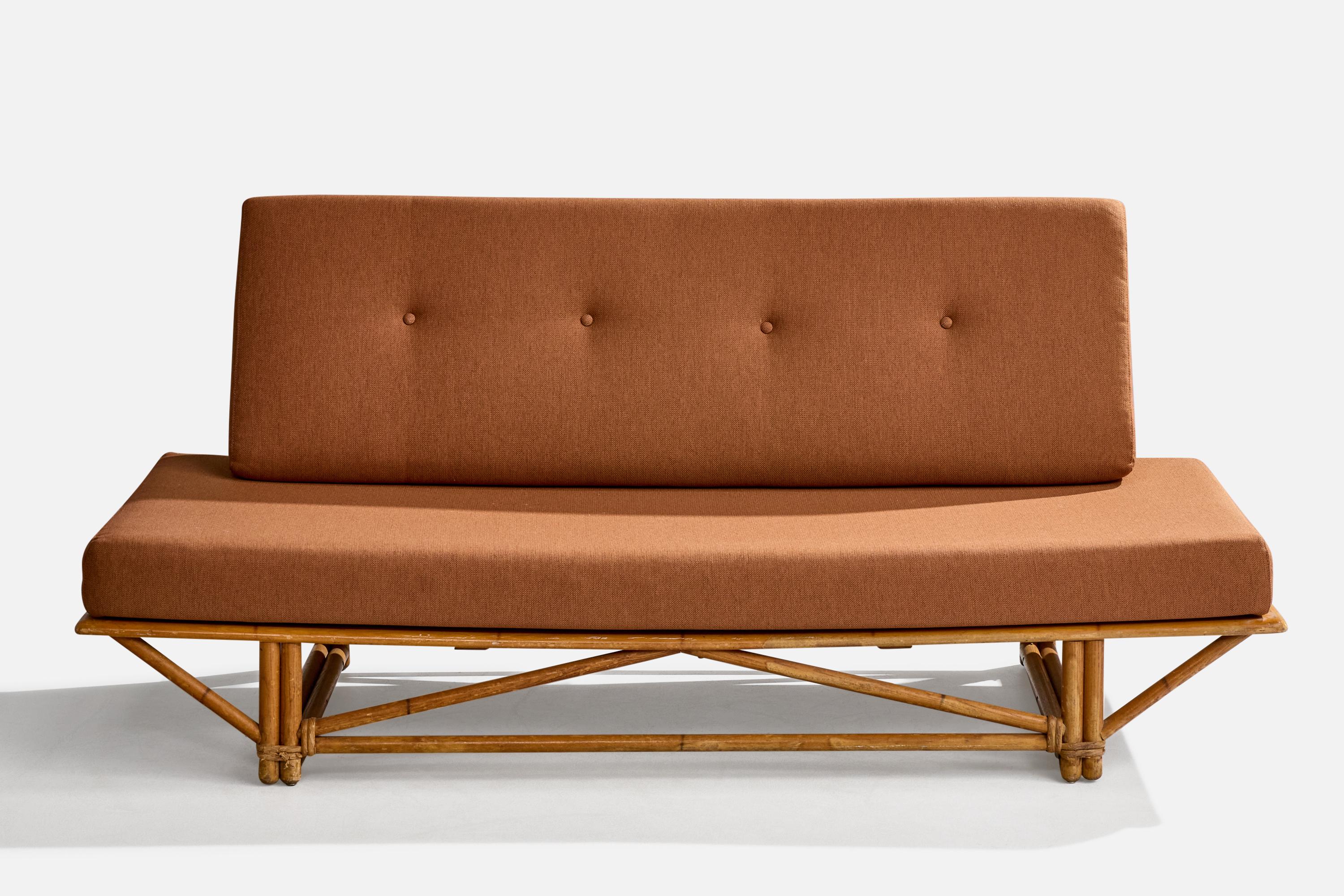 Mid-Century Modern Heywood Wakefield, Sofa, Oak, Rattan, Velvet, USA, 1950s For Sale