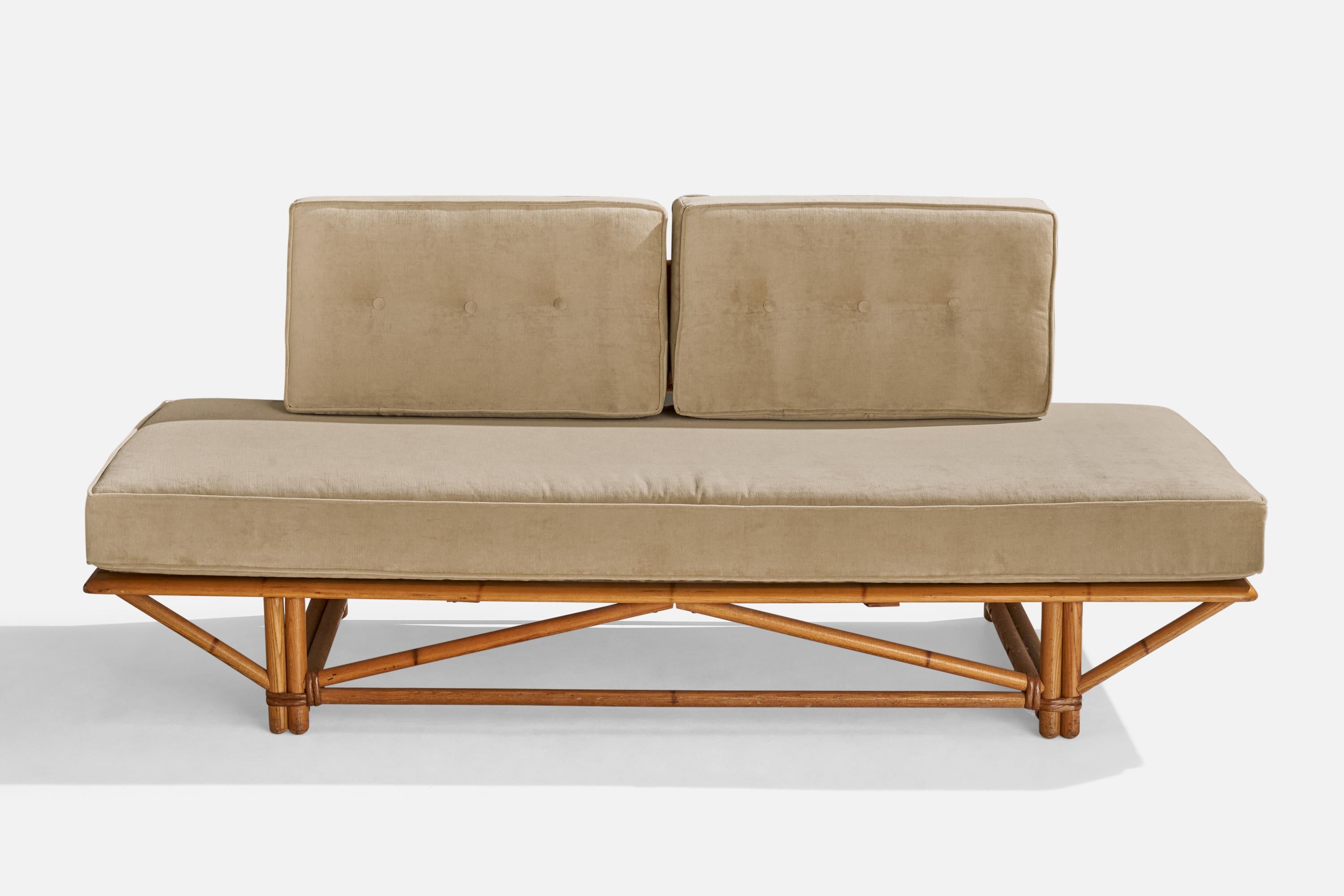 American Heywood Wakefield, Sofa, Oak, Rattan, Velvet, USA, 1950s