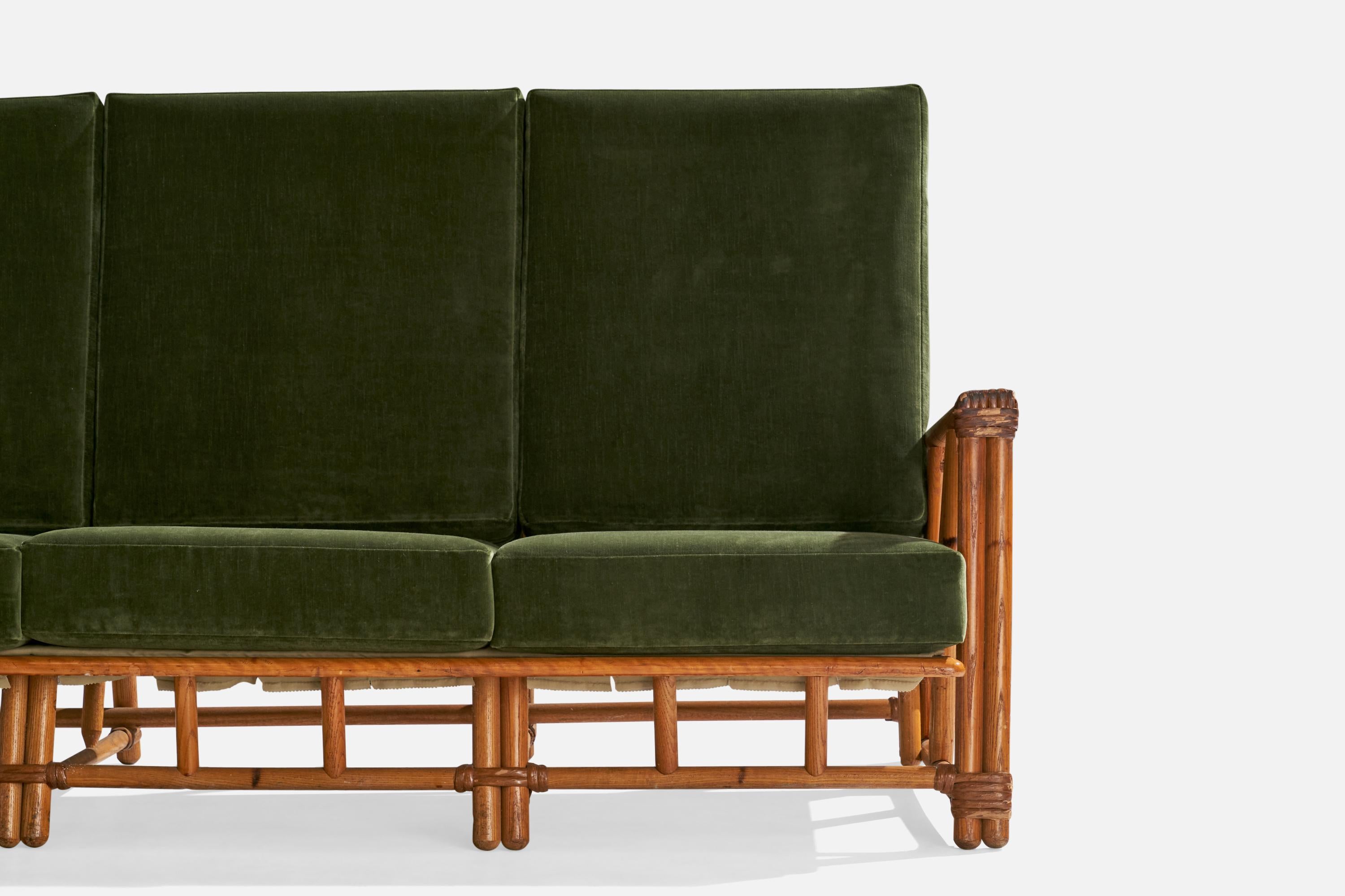 American Heywood Wakefield, Sofa, Oak, Rattan, Velvet, USA, 1950s