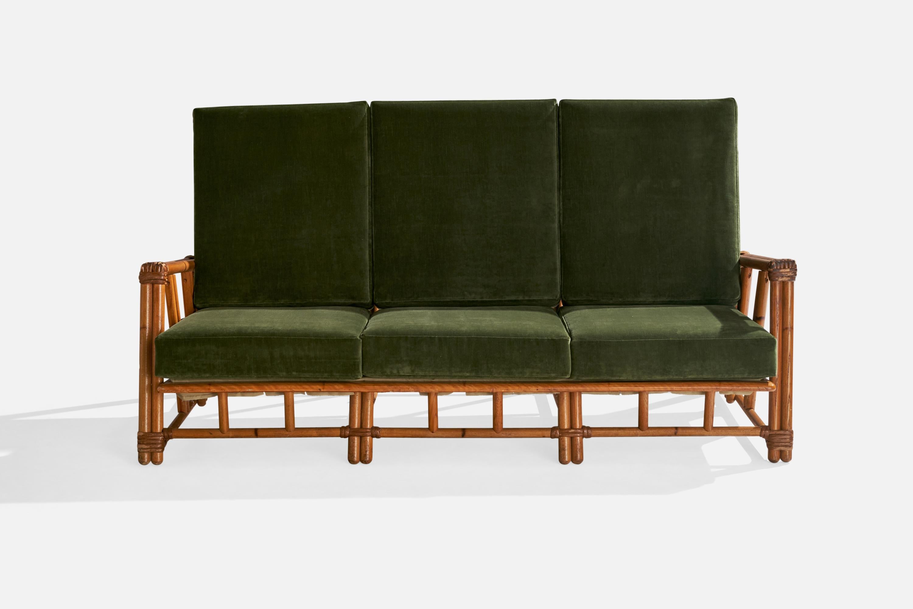 Mid-20th Century Heywood Wakefield, Sofa, Oak, Rattan, Velvet, USA, 1950s