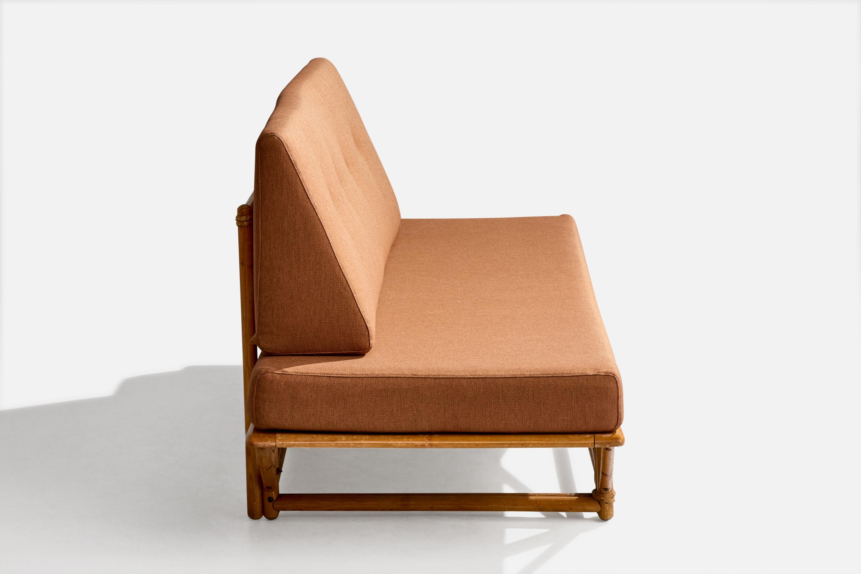 Mid-20th Century Heywood Wakefield, Sofa, Oak, Rattan, Velvet, USA, 1950s For Sale