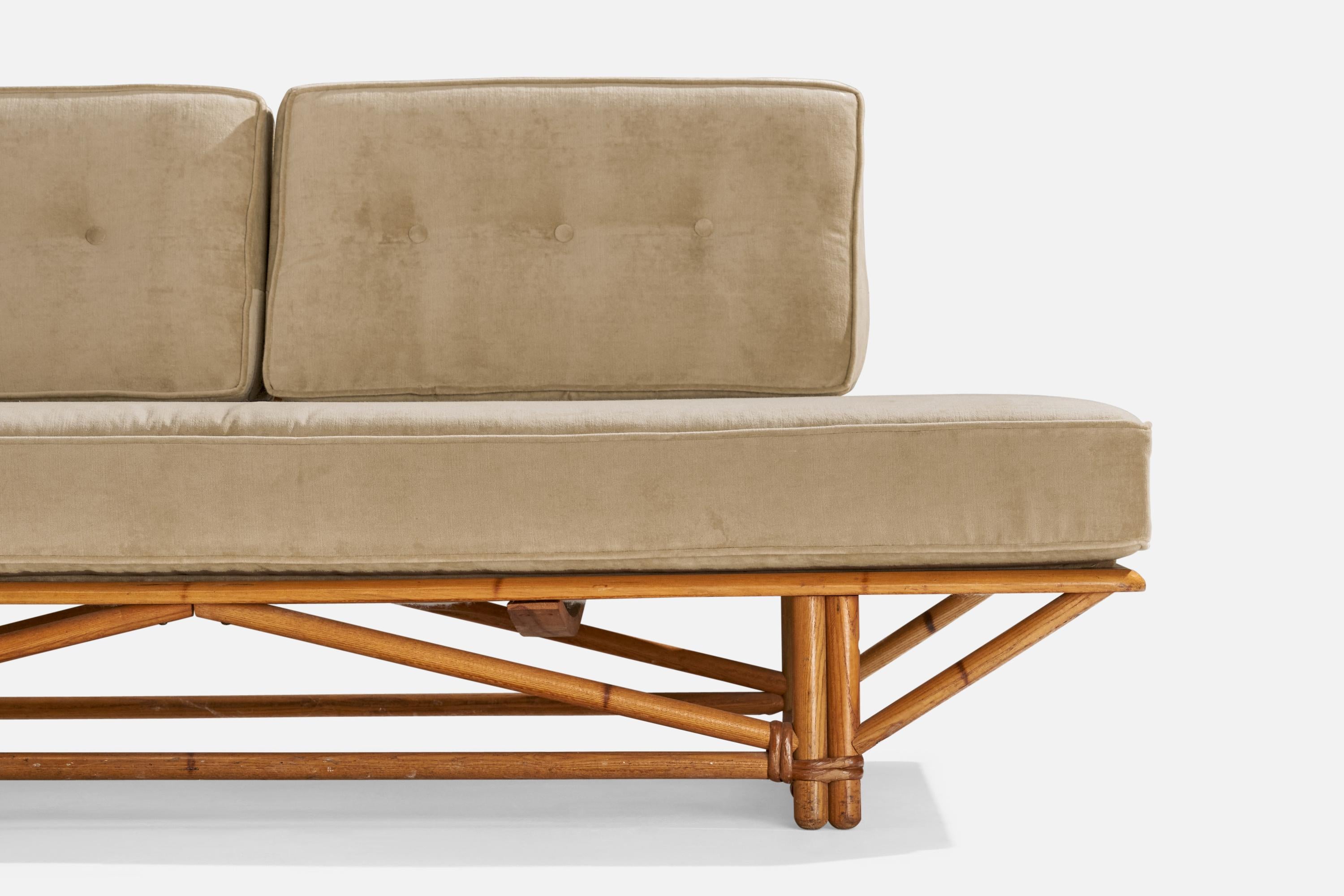 Heywood Wakefield, Sofa, Oak, Rattan, Velvet, USA, 1950s 1