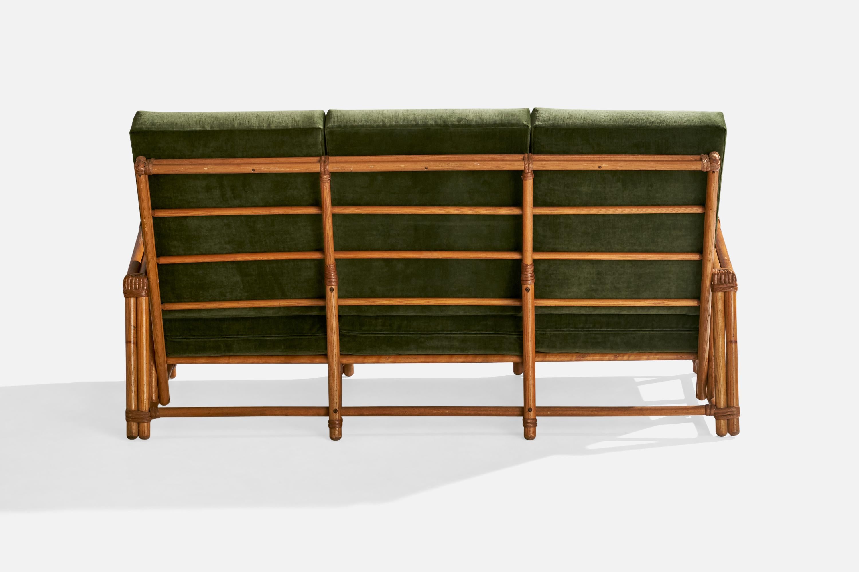 Heywood Wakefield, Sofa, Oak, Rattan, Velvet, USA, 1950s 1