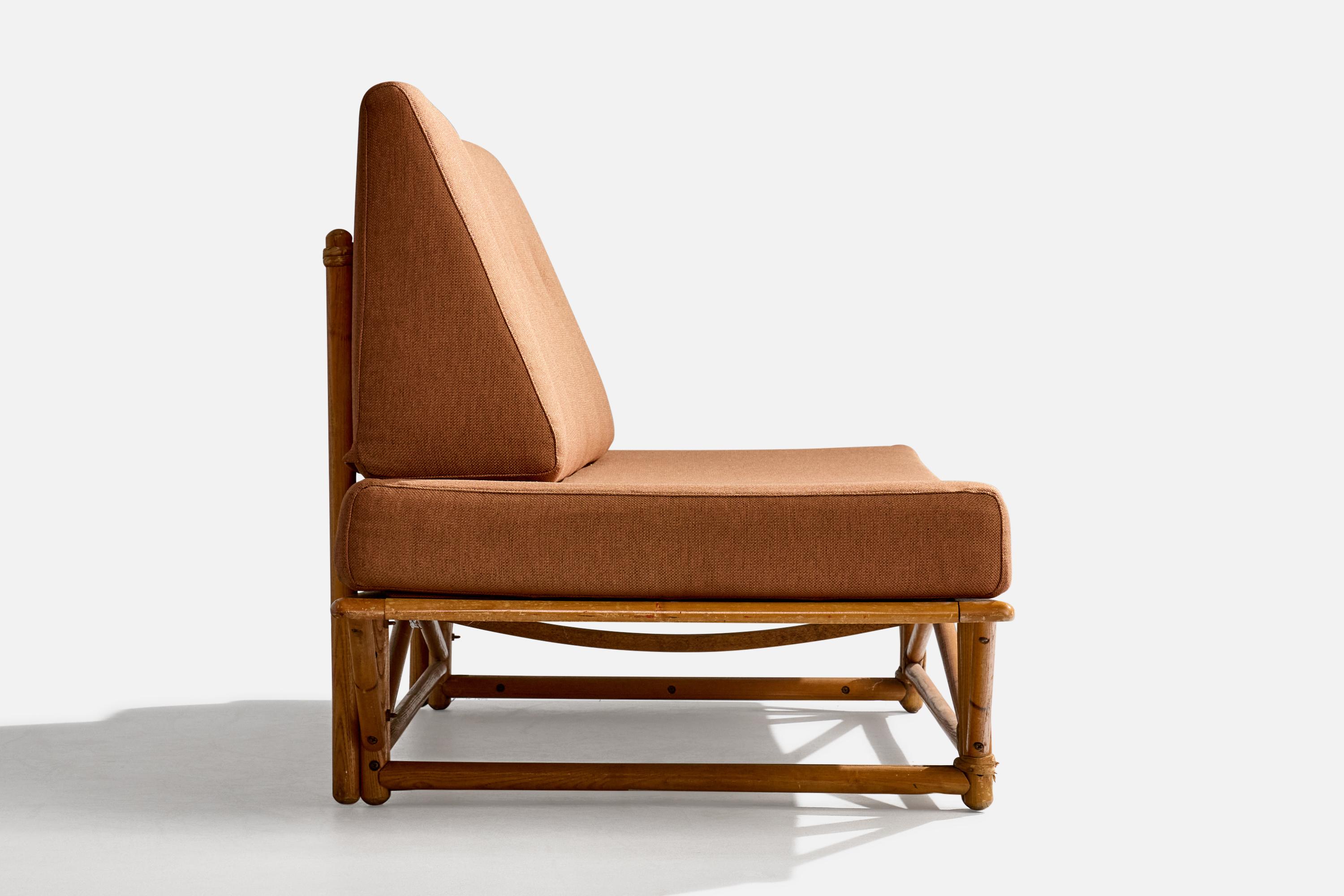Heywood Wakefield, Sofa, Oak, Rattan, Velvet, USA, 1950s For Sale 1