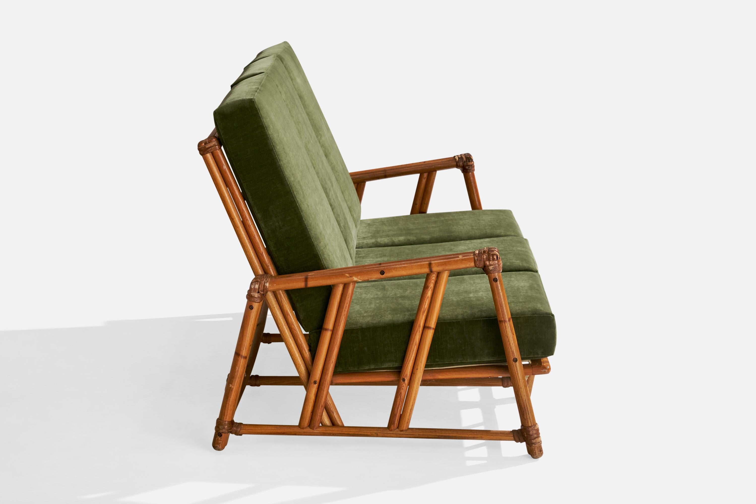 Heywood Wakefield, Sofa, Oak, Rattan, Velvet, USA, 1950s 2