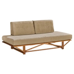 Heywood Wakefield, Sofa, Oak, Rattan, Velvet, USA, 1950s
