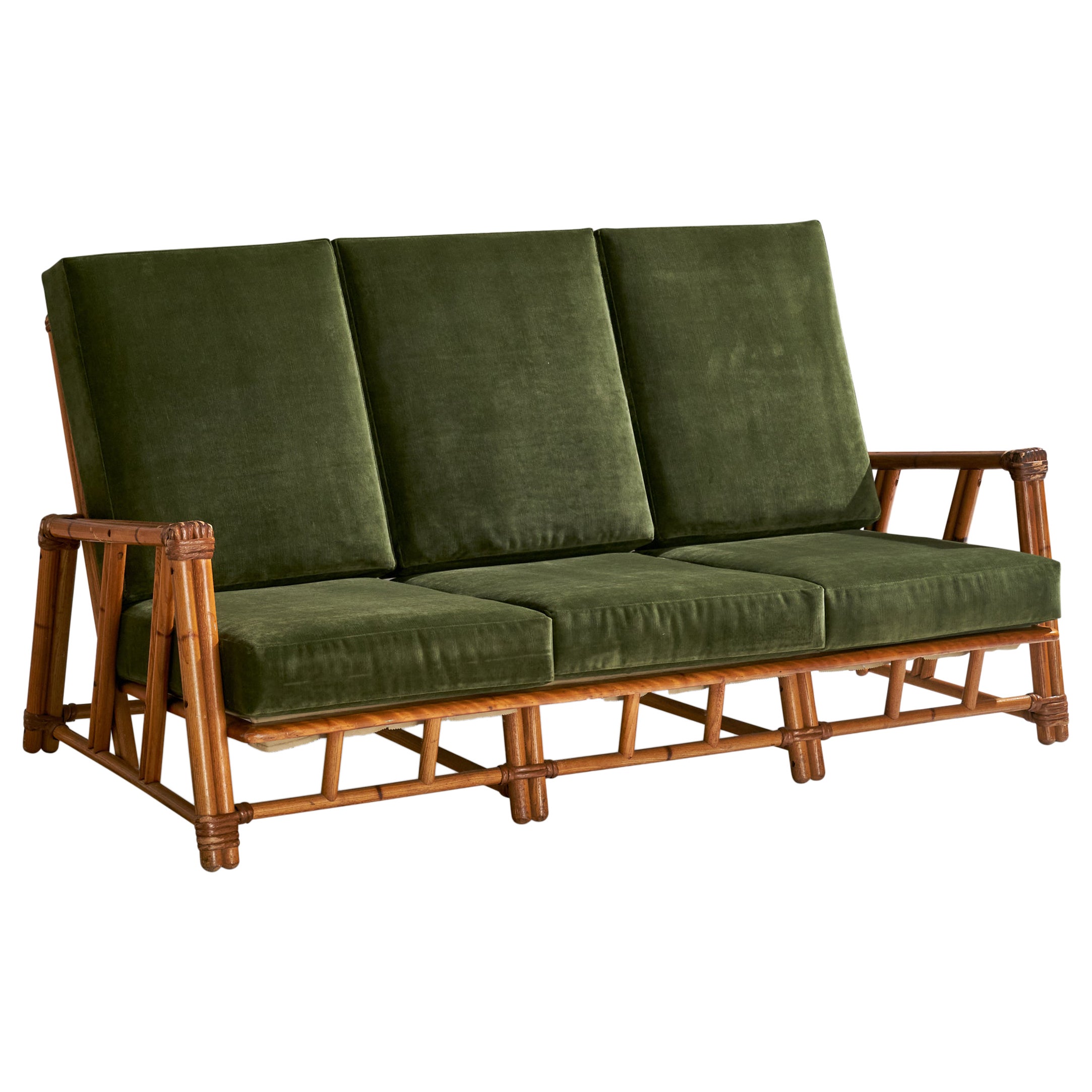 Heywood Wakefield, Sofa, Oak, Rattan, Velvet, USA, 1950s