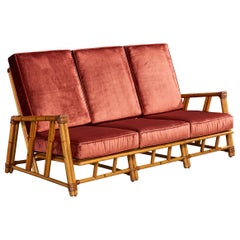 Heywood Wakefield, Sofa, Oak, Rattan, Velvet, USA, 1950s