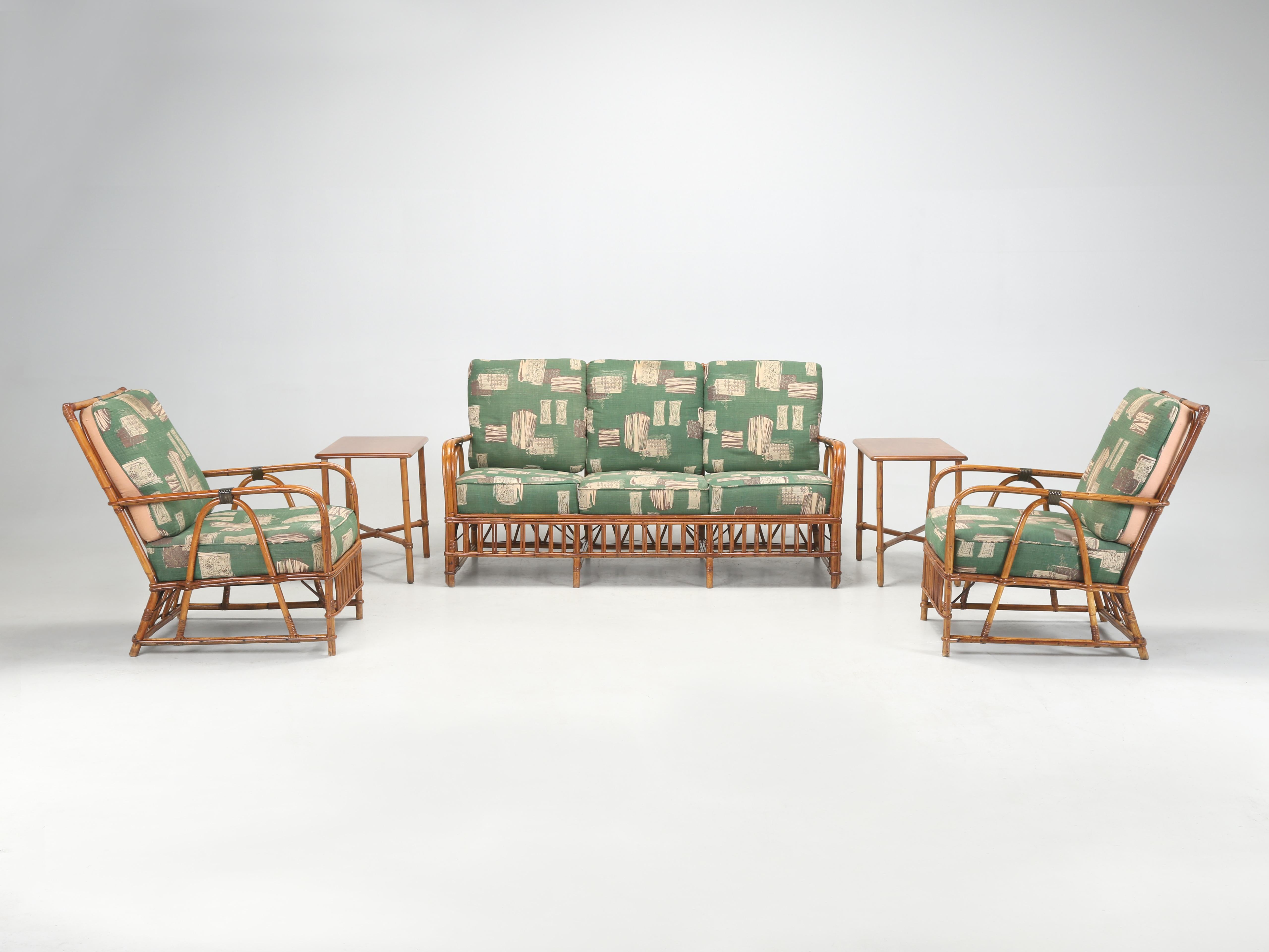 Heywood-Wakefield Sofa with End Tables and a Pair of Chairs in their Original Fabric circa 1930’s
Currently, we have several pieces and suites of Bamboo, Wicker and Rattan furniture in our Chicago showroom, but all fail in comparison to the build