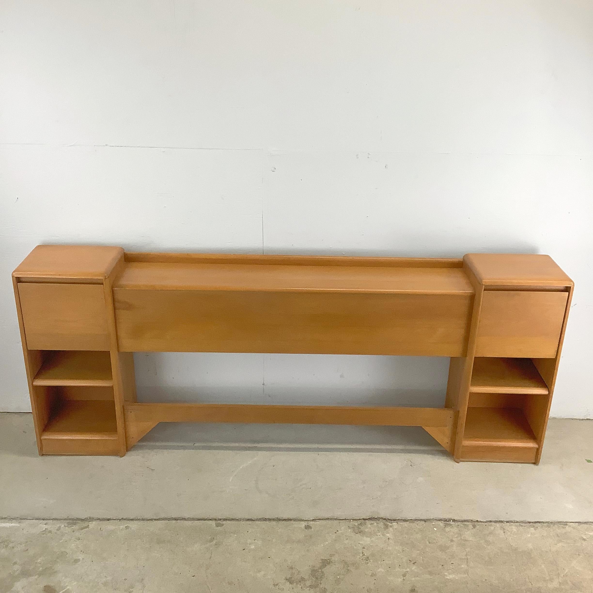 Transform your bedroom with this classic Heywood Wakefield Storage Headboard, a mid-century gem in a lovely champagne finish. This full-size headboard features built-in nightstands, adding a touch of vintage charm while providing practical storage