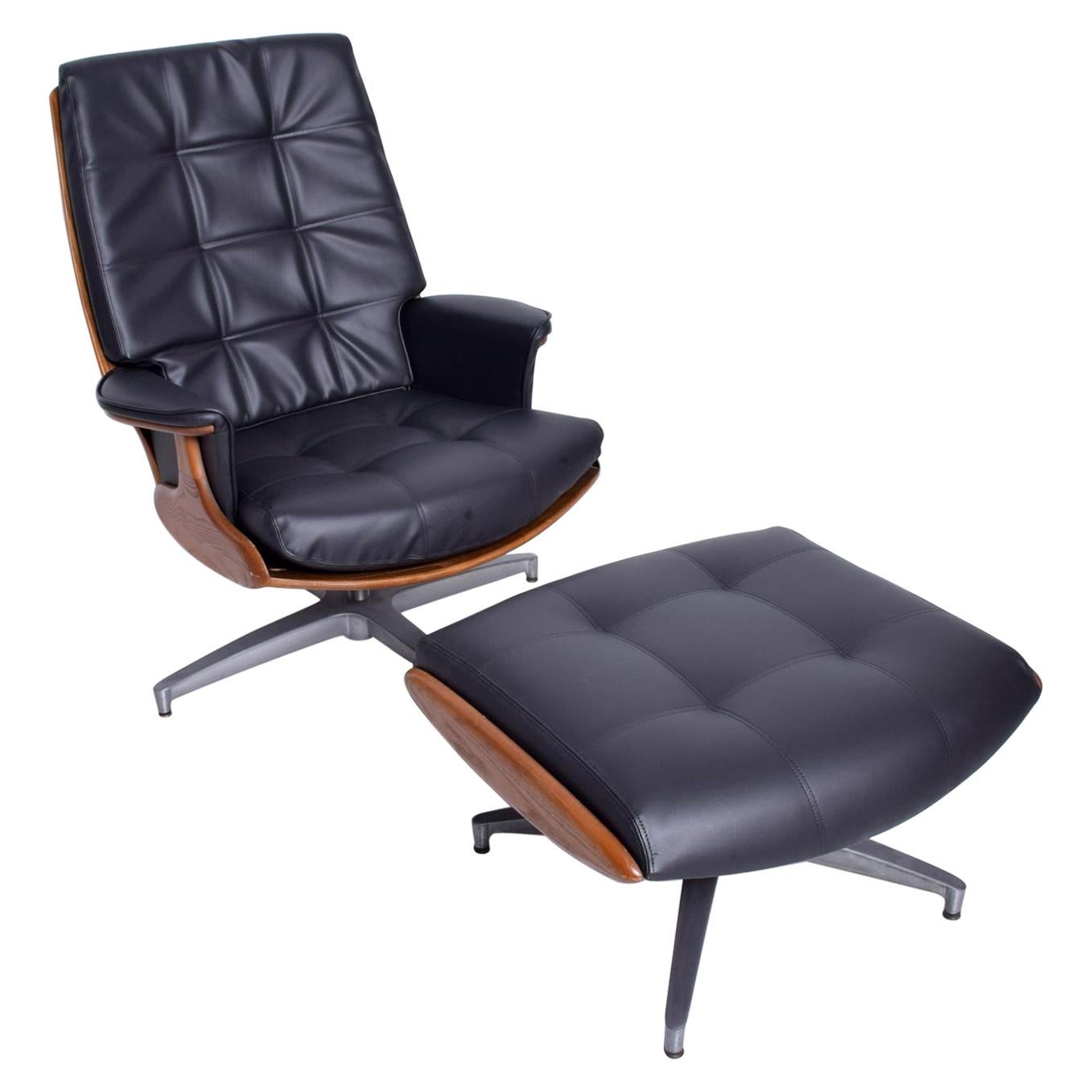 Heywood Wakefield Teak & Faux Leather Lounge Chair & Ottoman 710D Danish Modern