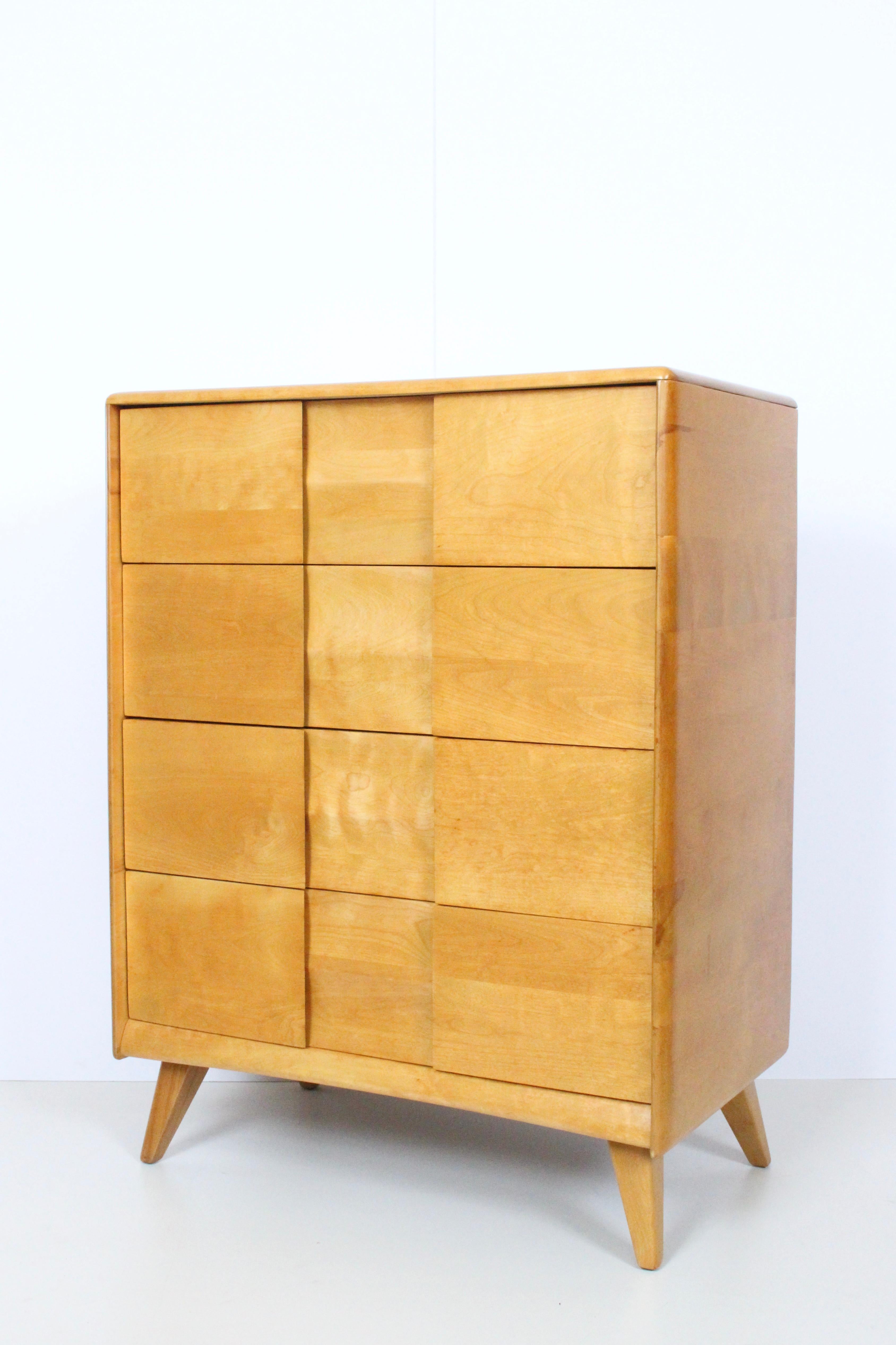 Classic Heywood Wakefield Trophy Series solid maple chest of drawers, highboy, wheat finish, 1950's. Featuring heavy duty solid board construction. Sturdy. Hollywood Regency. Rarity.
 