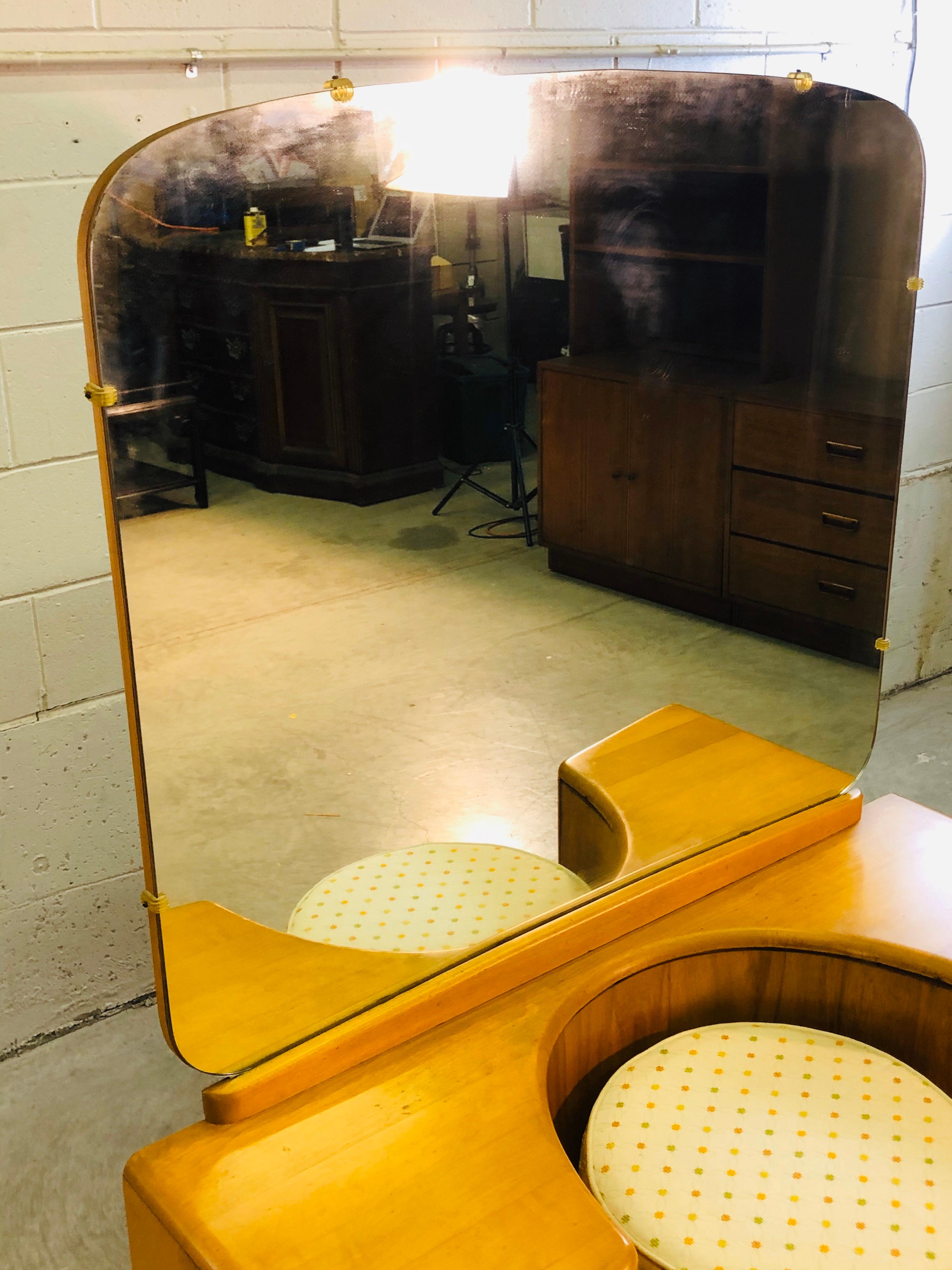 American Heywood Wakefield Vanity and Mirror with Stool Set For Sale