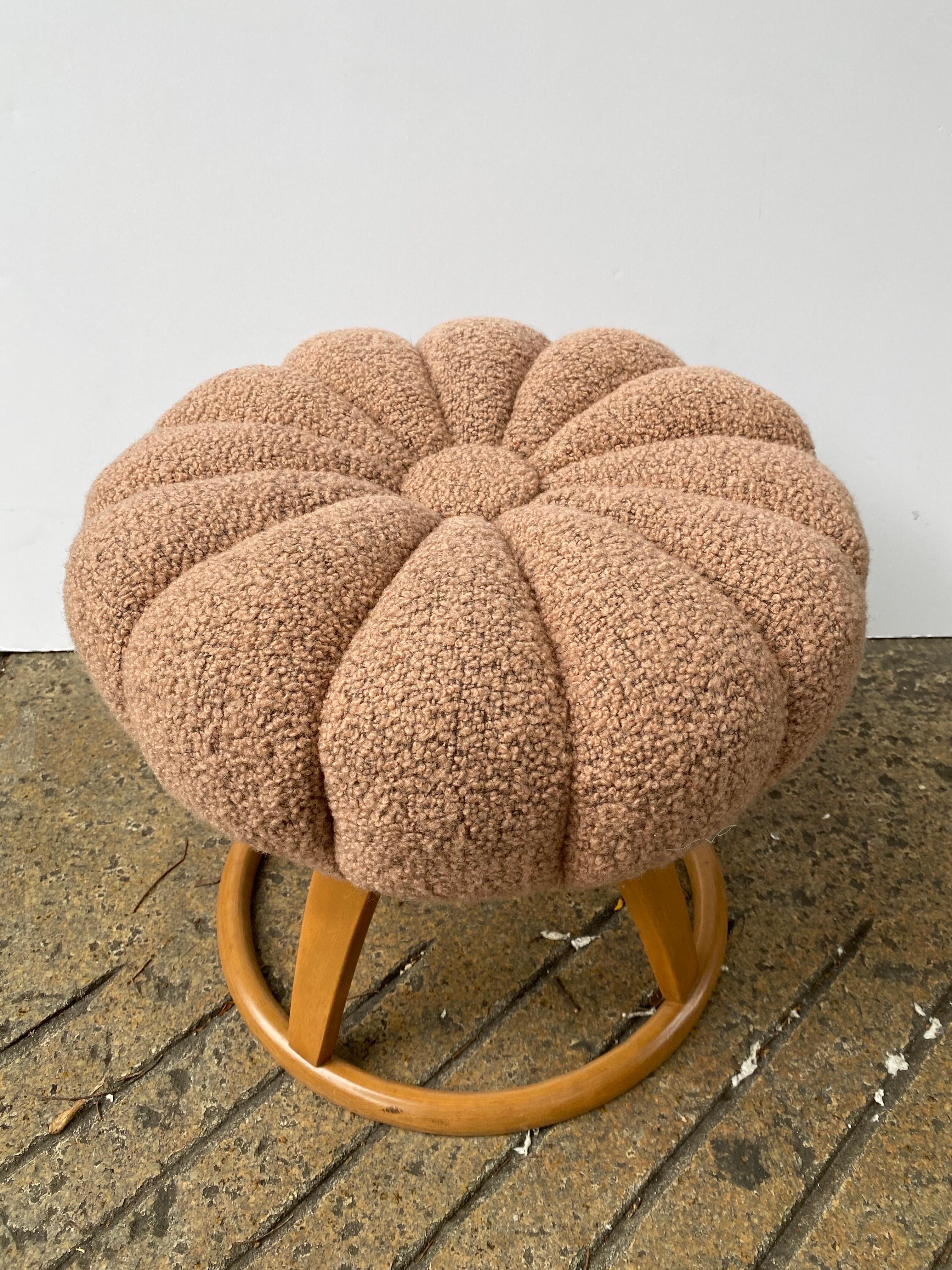 Heywood Wakefield Poof or Vanity Stool, newly refinished and reupholstered.  Salmon vintage nubby fabric on the seat cover.
