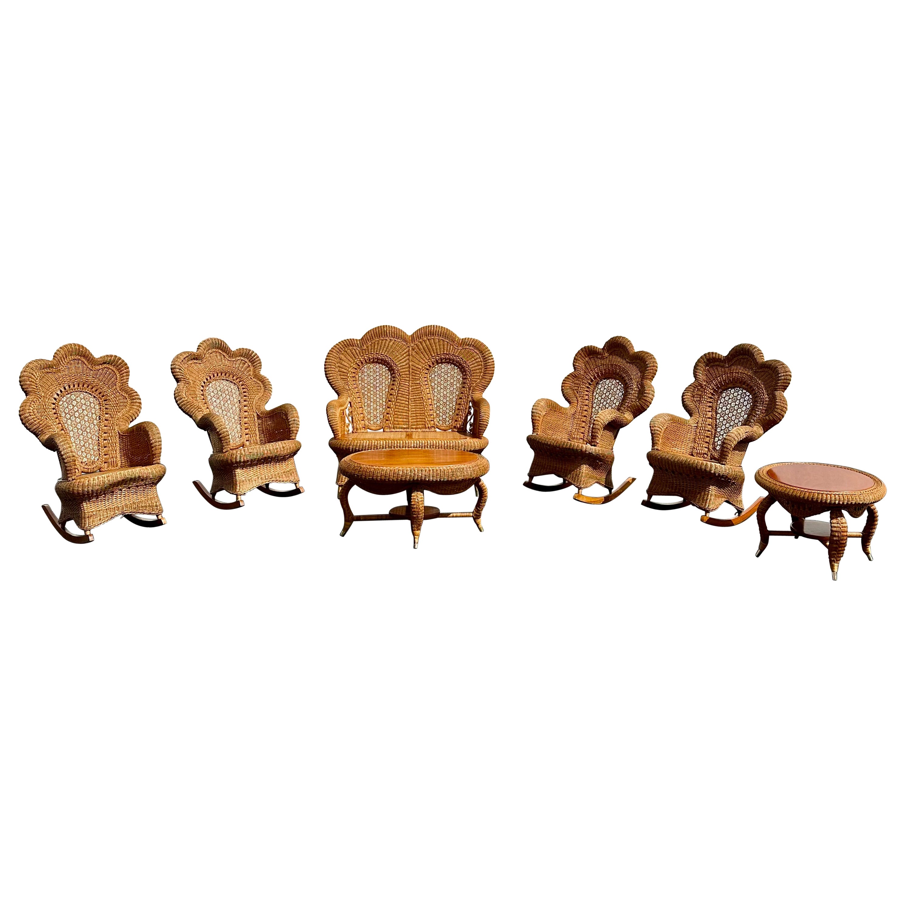Heywood-Wakefield Sillas mecedoras de mimbre victorianas Settee Mesas