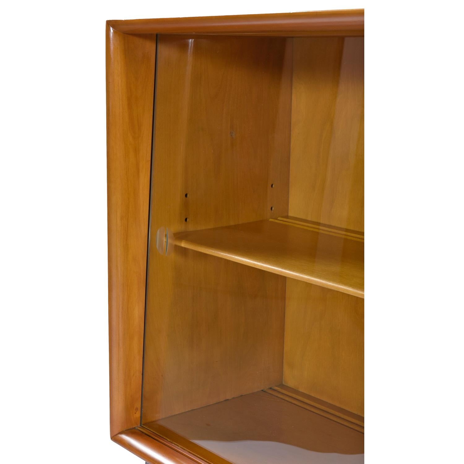 Mid-Century Modern Heywood Wakefield Wheat Finish Bookcase Media Cabinet Dry Bar on Hairpin Legs For Sale