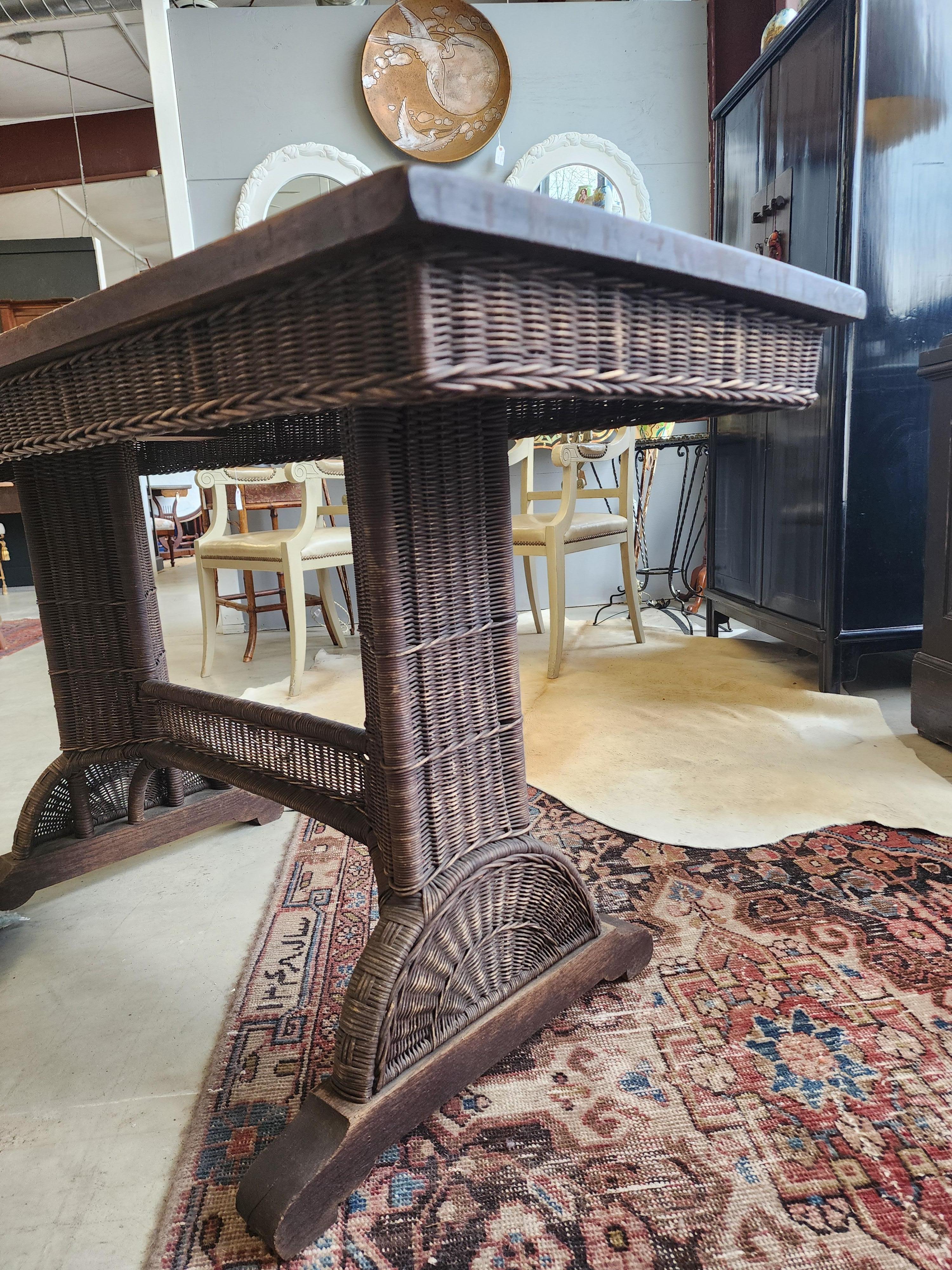  Wicker and Oak Library Table by Heywood Wakefield With Original Label  For Sale 4