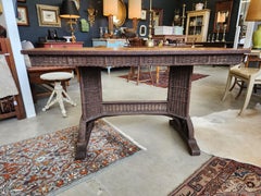 Wicker and Oak Library Table by Heywood Wakefield With Original Label