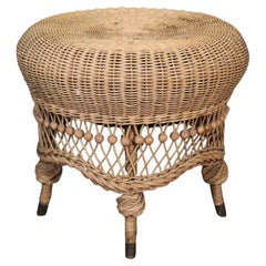 Vintage Heywood Wakefield Wicker Round Stool Ottoman circa 1940s