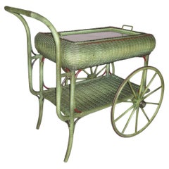 Heywood-Wakefield Wicker Serving Cart, French Green Finish, 1910, USA