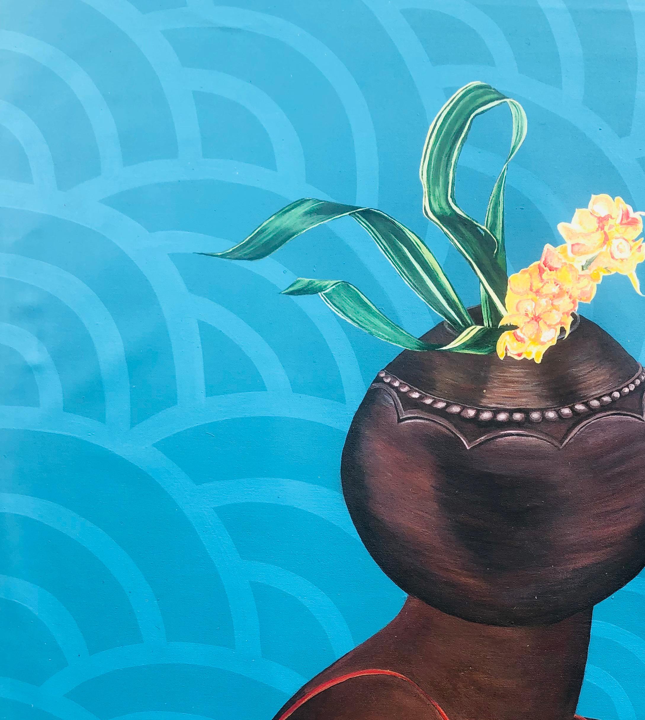 Dea Nera - 21° secolo, Contemporaneo, Figurativo, Donna, Vaso di fiori, Rosso - Painting di Hezekiah Oyejide Obidare