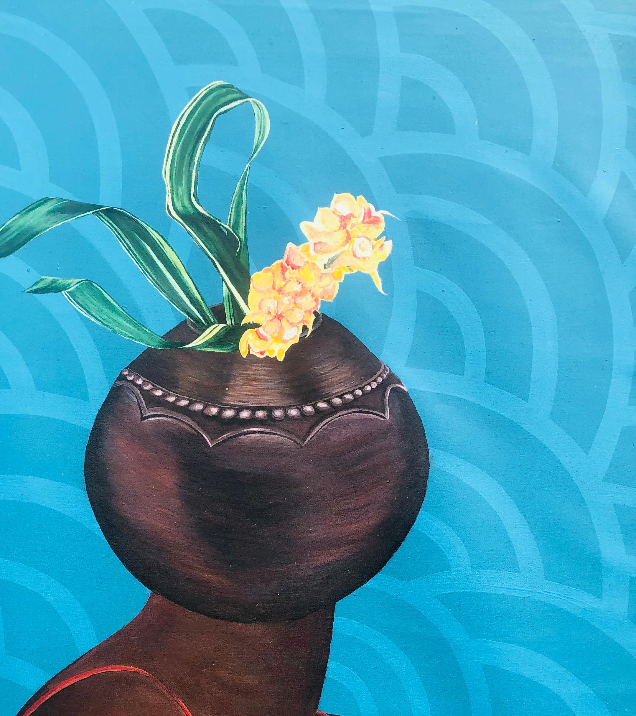 Dea Nera - 21° secolo, Contemporaneo, Figurativo, Donna, Vaso di fiori, Rosso - Interior Painting Blu di Hezekiah Oyejide Obidare