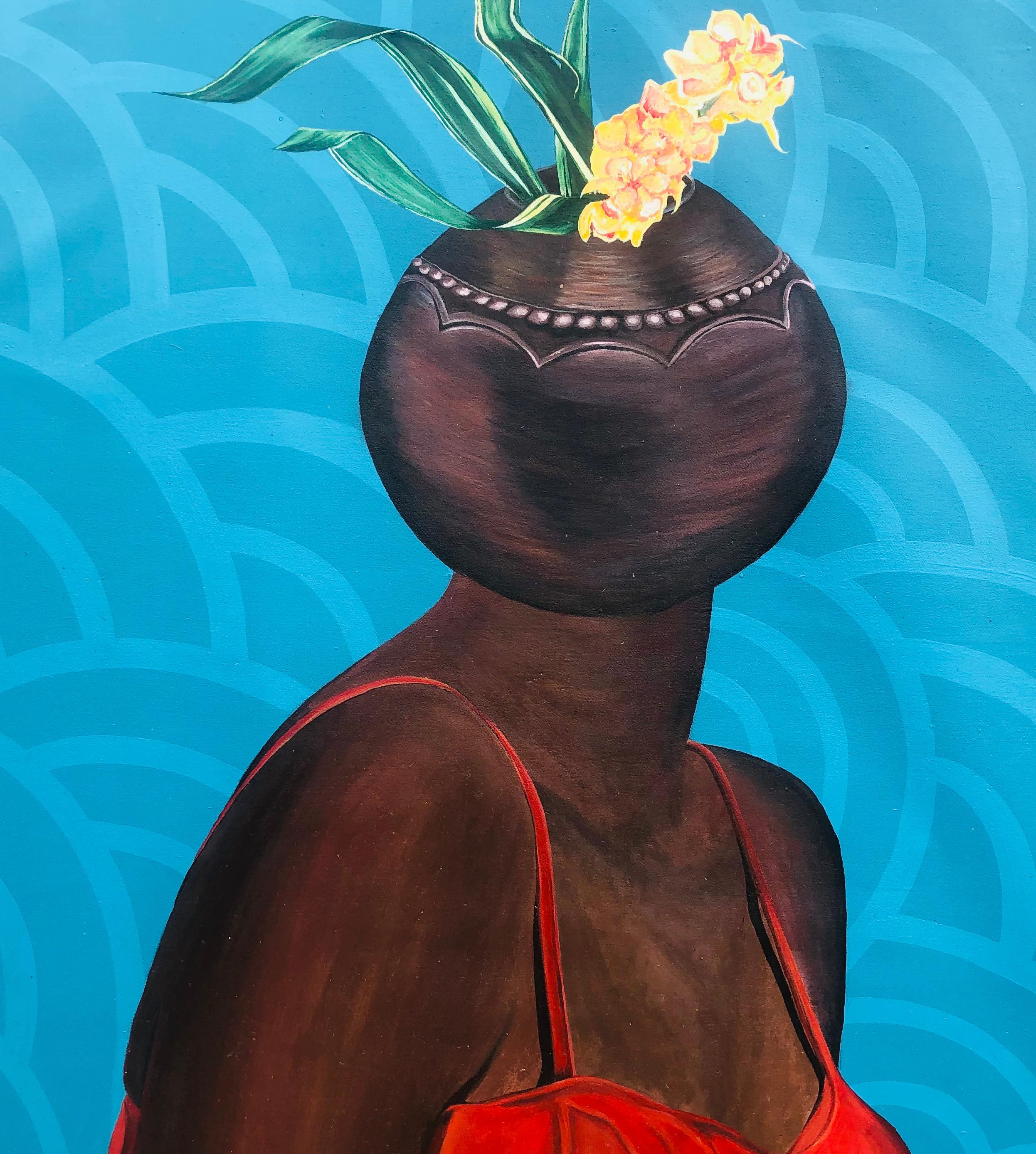 Dea Nera - 21° secolo, Contemporaneo, Figurativo, Donna, Vaso di fiori, Rosso in vendita 2