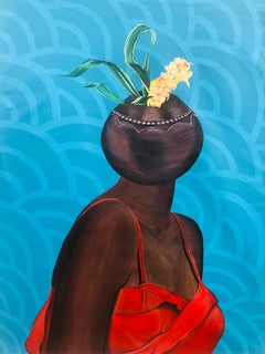 Diosa Negra - Siglo XXI, Contemporáneo, Figurativo, Mujer, Maceta, Rojo