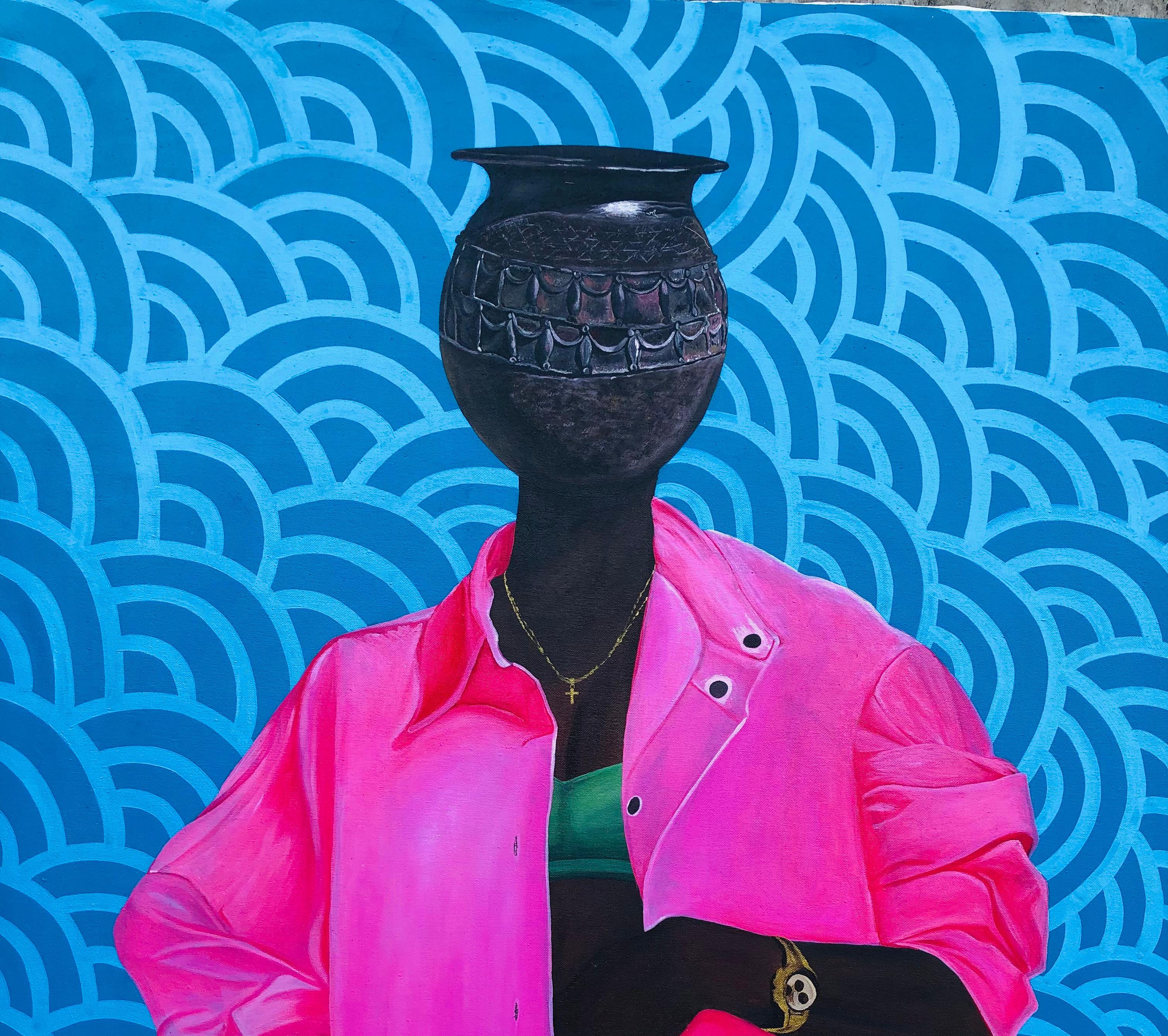 Identity 3 -21st Century, Contemporary, Figurative, Woman, Flower Pot, Colourful - Painting by Hezekiah Oyejide Obidare