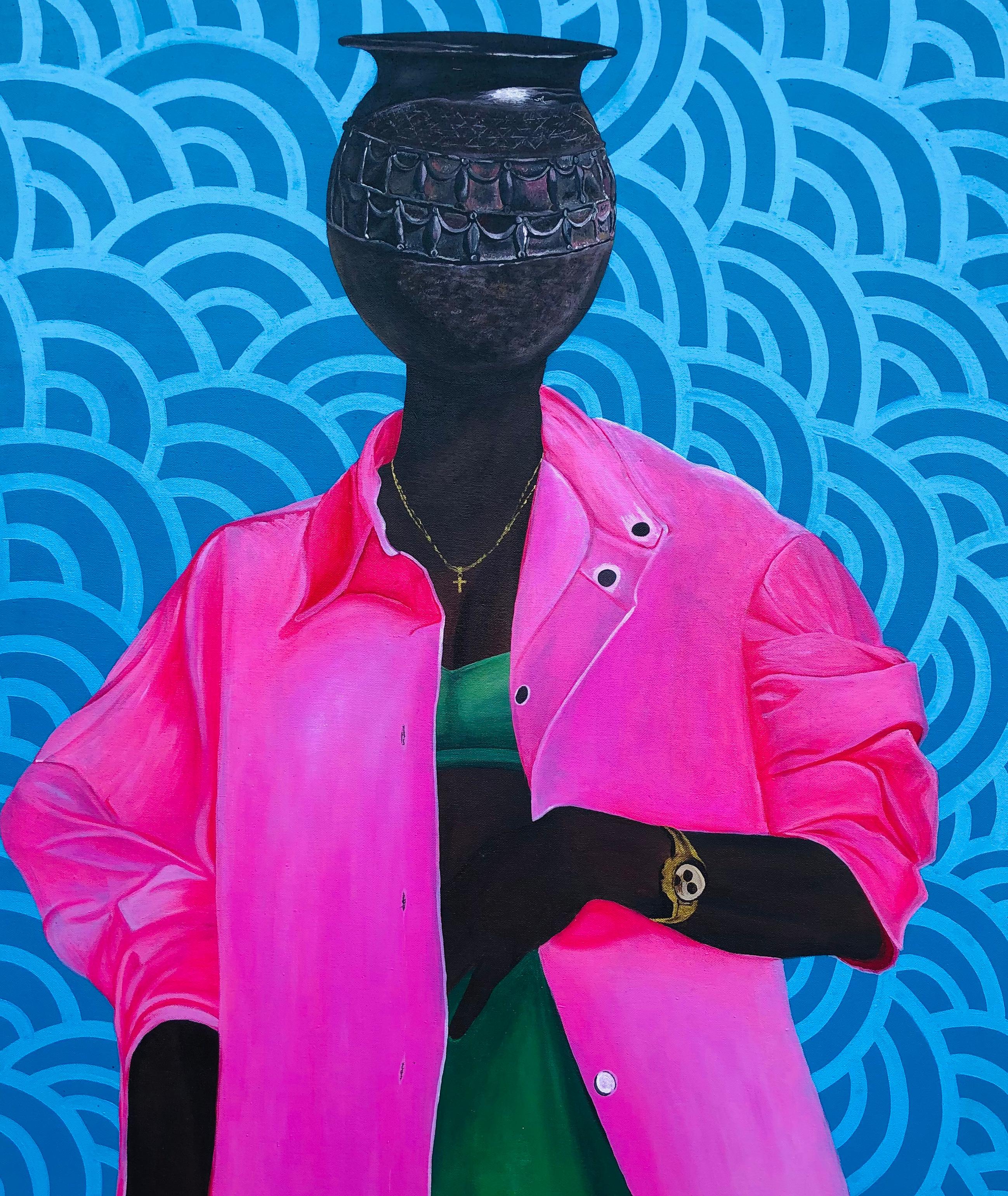 Identity 3 -21st Century, Contemporary, Figurative, Woman, Flower Pot, Colourful - Blue Portrait Painting by Hezekiah Oyejide Obidare