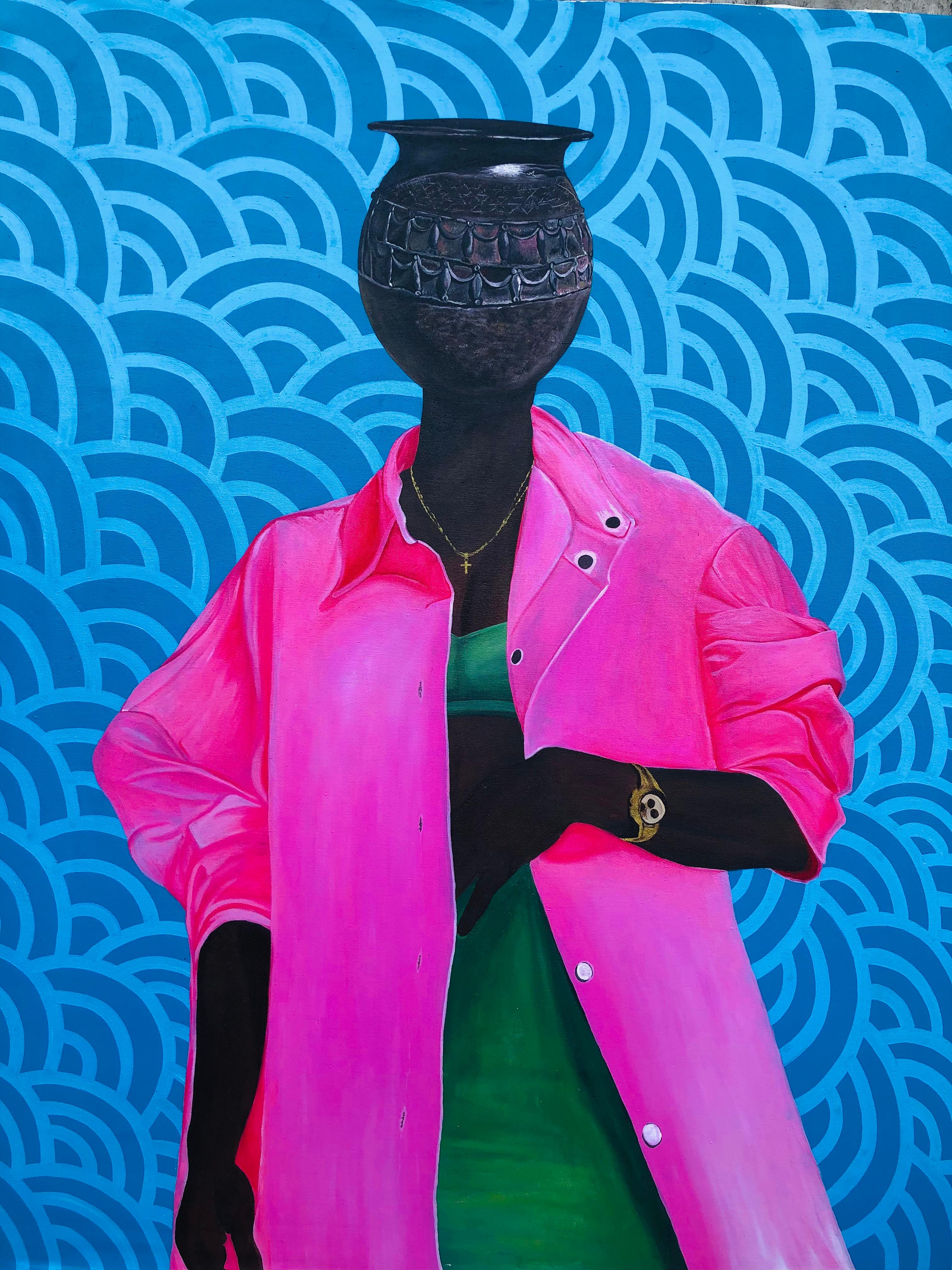 Hezekiah Oyejide Obidare Portrait Painting - Identity 3 -21st Century, Contemporary, Figurative, Woman, Flower Pot, Colourful