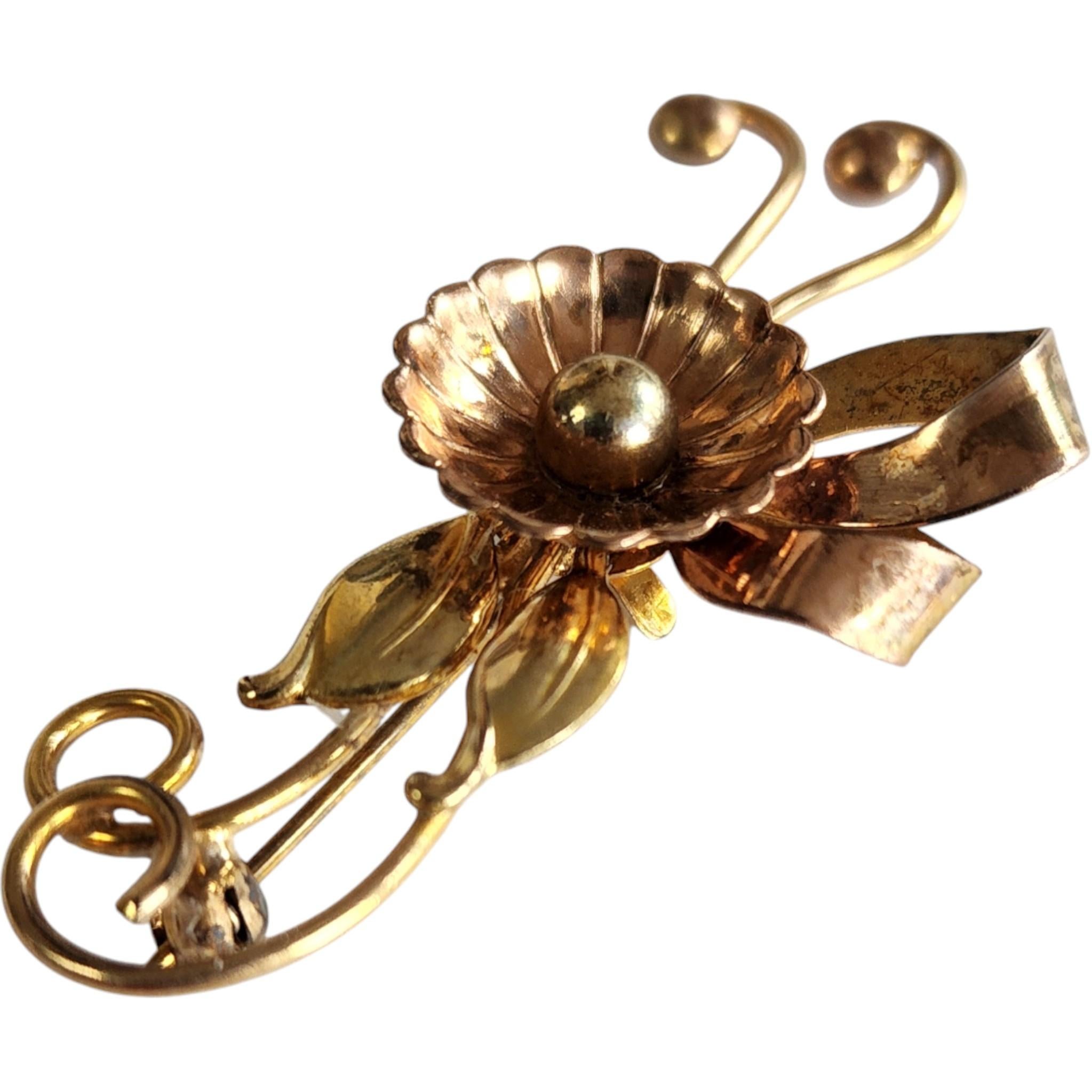 H.F. Barrows Retro 12K Gold-Filled Floral Spray Brooch with Ribbon Detail