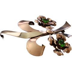 H.F. Barrows Retro Gold-Tone Flower Brooch with Green Glass Stones, 1940s