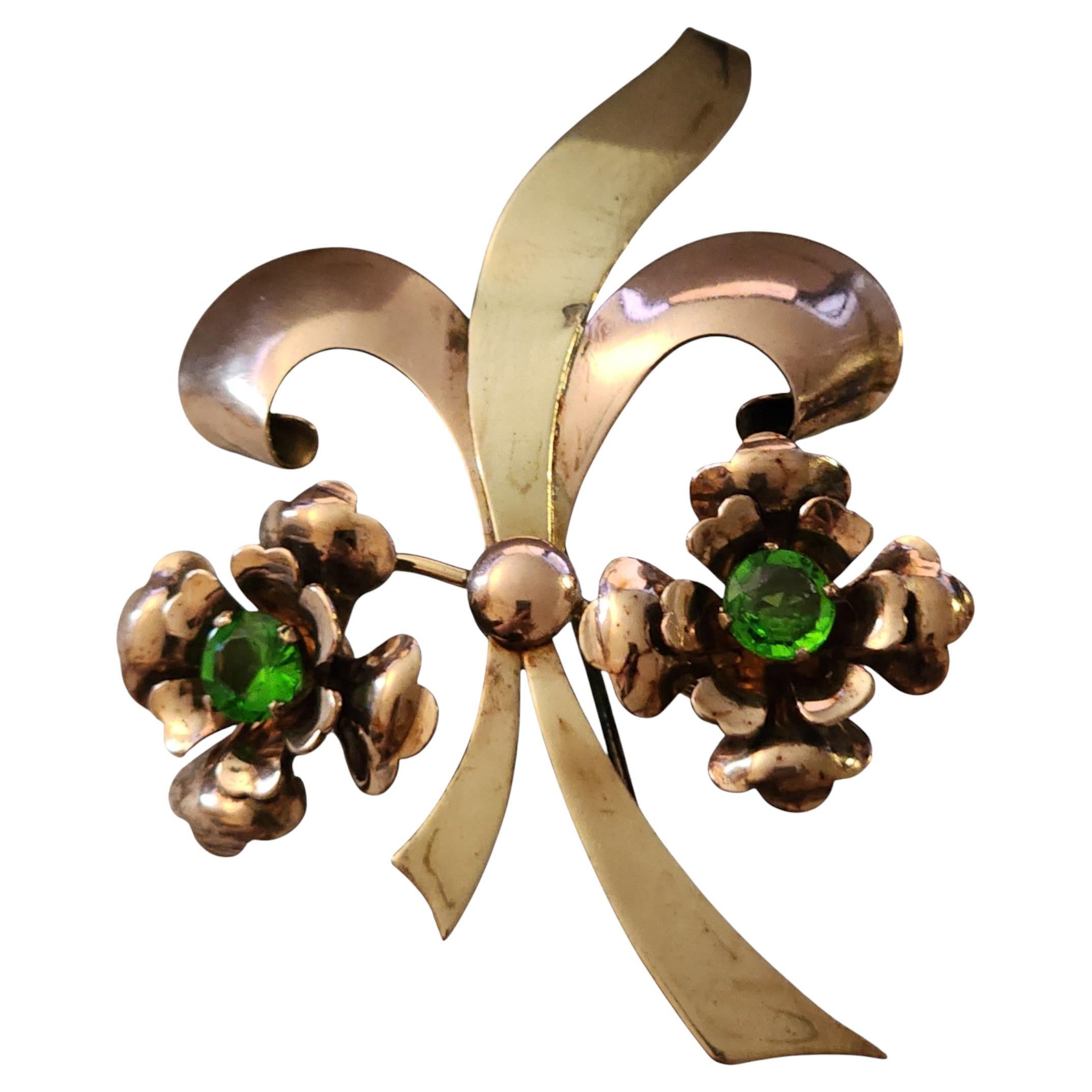 H.F. Barrows Retro Gold-Tone Flower Brooch with Green Glass Stones, 1940s