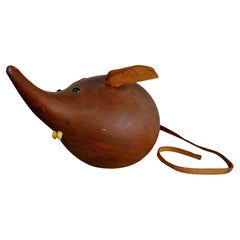 H+F Denmark Big 8" Teak Mouse Sculpture With Leather Ears & Tail