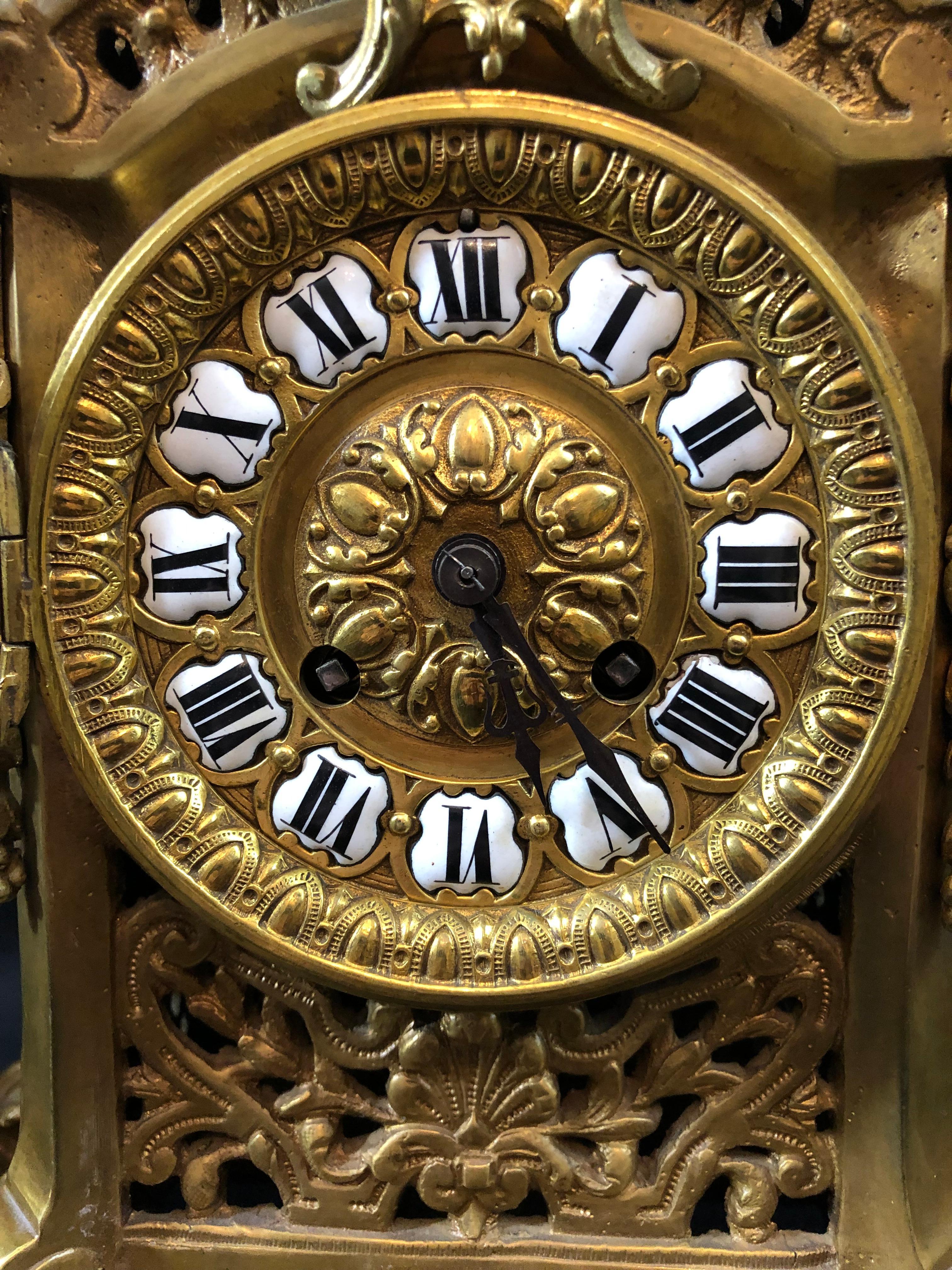 H&F Paris Three Piece Clock Set, Bronze, 19th Century, Candelabra, French In Good Condition In Seattle, WA