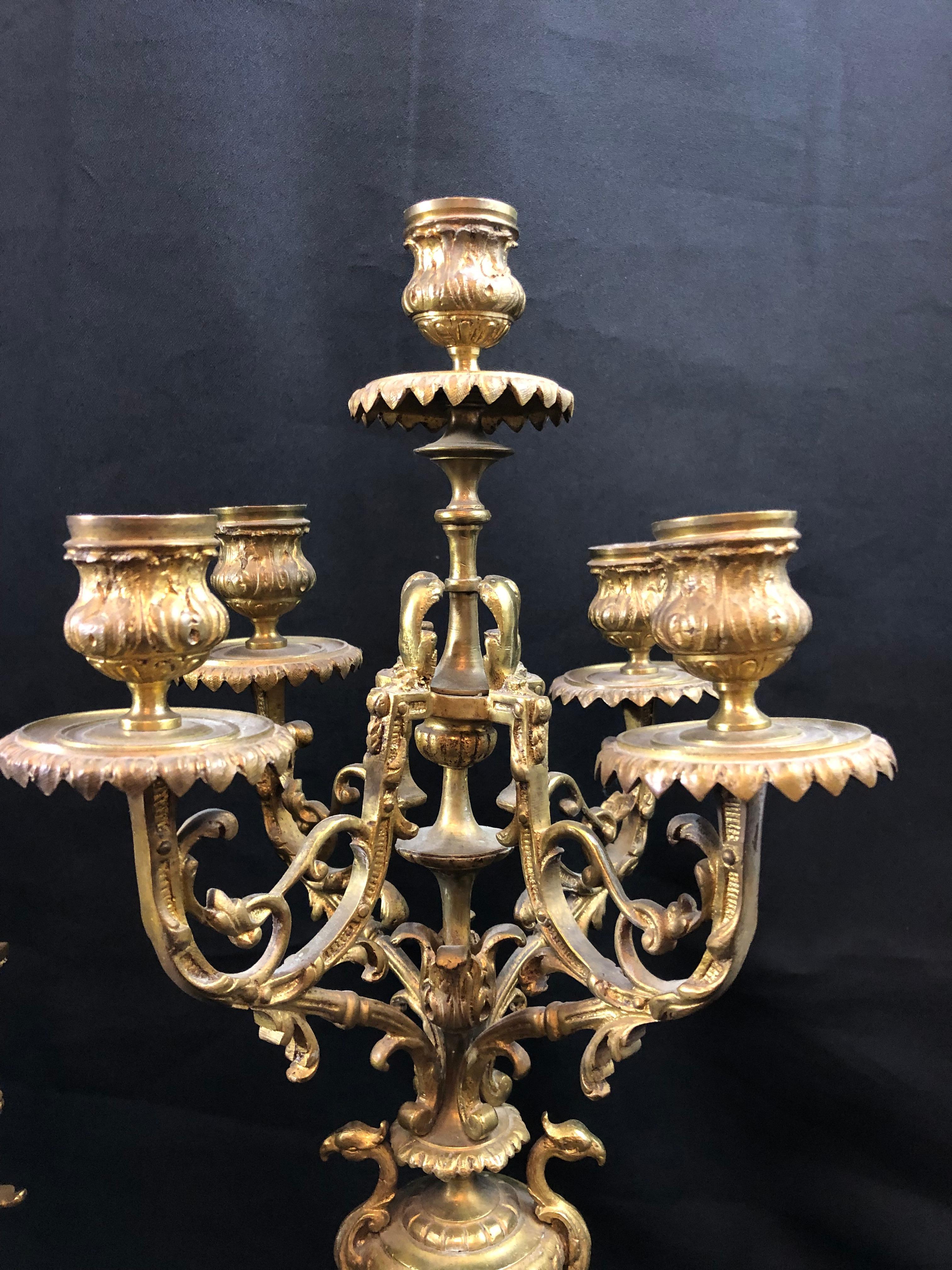 H&F Paris Three Piece Clock Set, Bronze, 19th Century, Candelabra, French 2