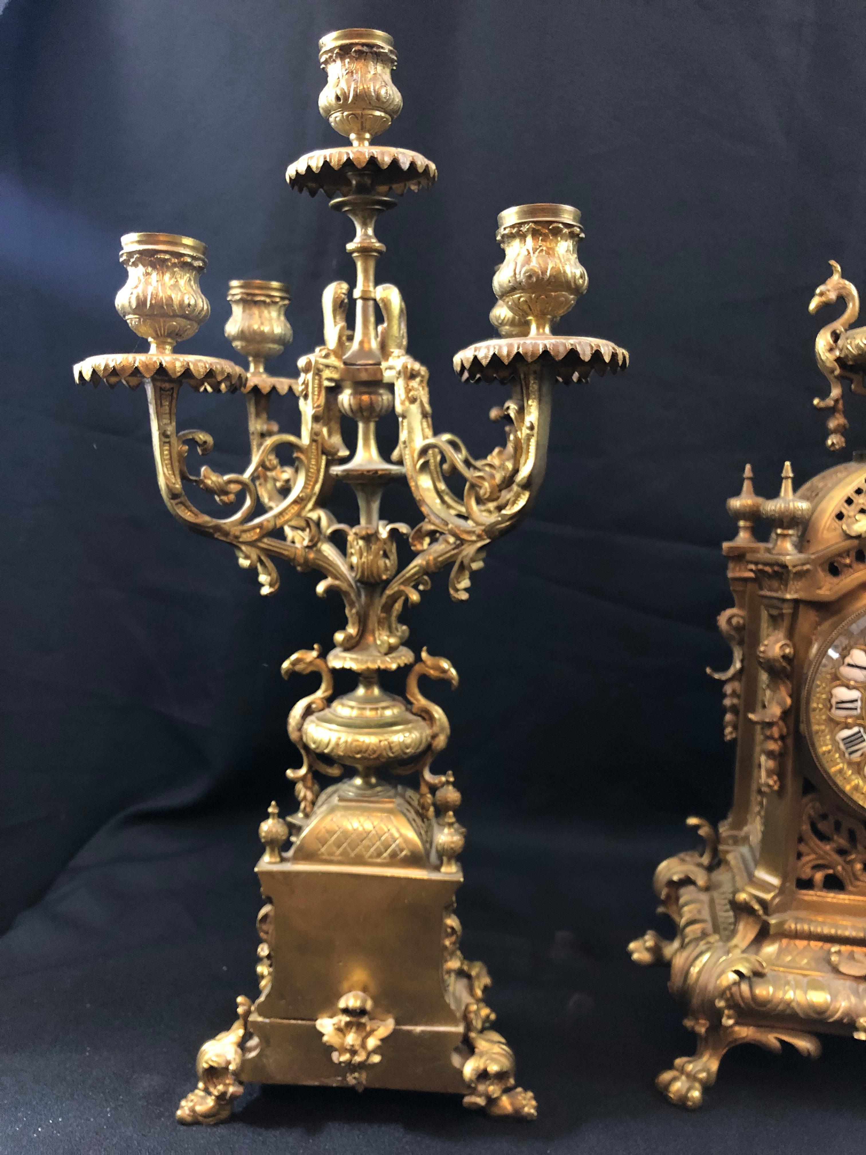 H&F Paris Three Piece Clock Set, Bronze, 19th Century, Candelabra, French 3