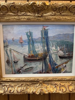 Porto francese impressionista con barche da pesca in mare paesaggio