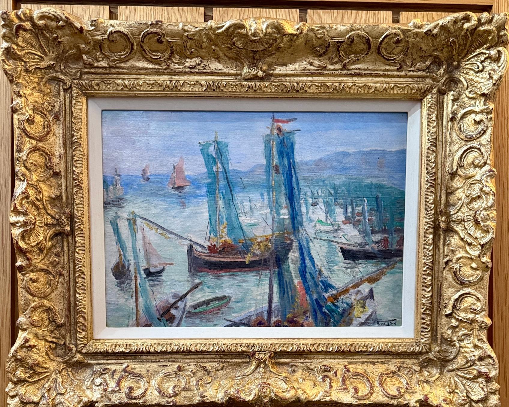 Impressionist French Harbor or Port with fishing boats at sea landscape