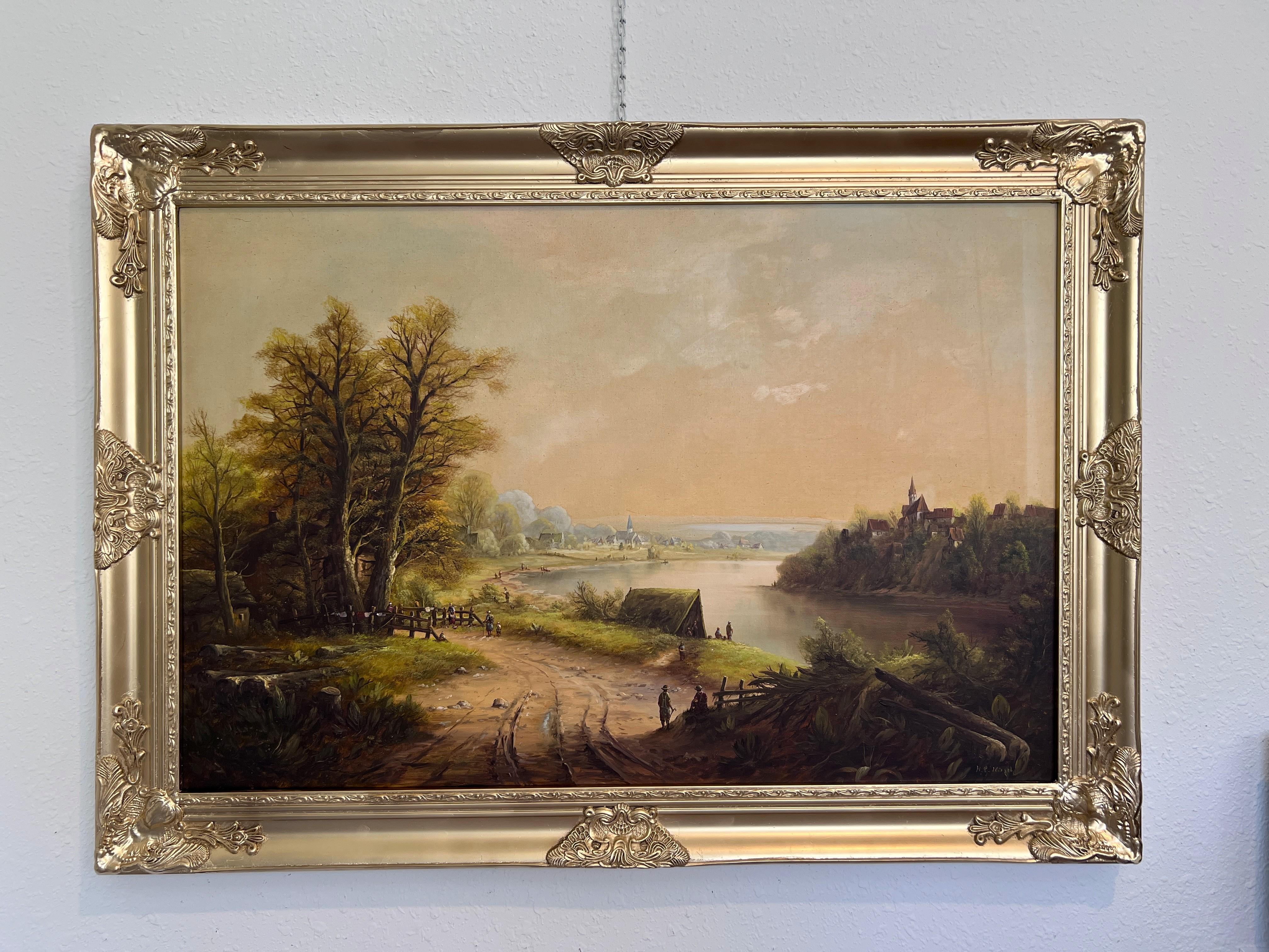 H.G. Kiesel (German Artist 20 c.) Landscape Oil Painting River Village Framed For Sale 8