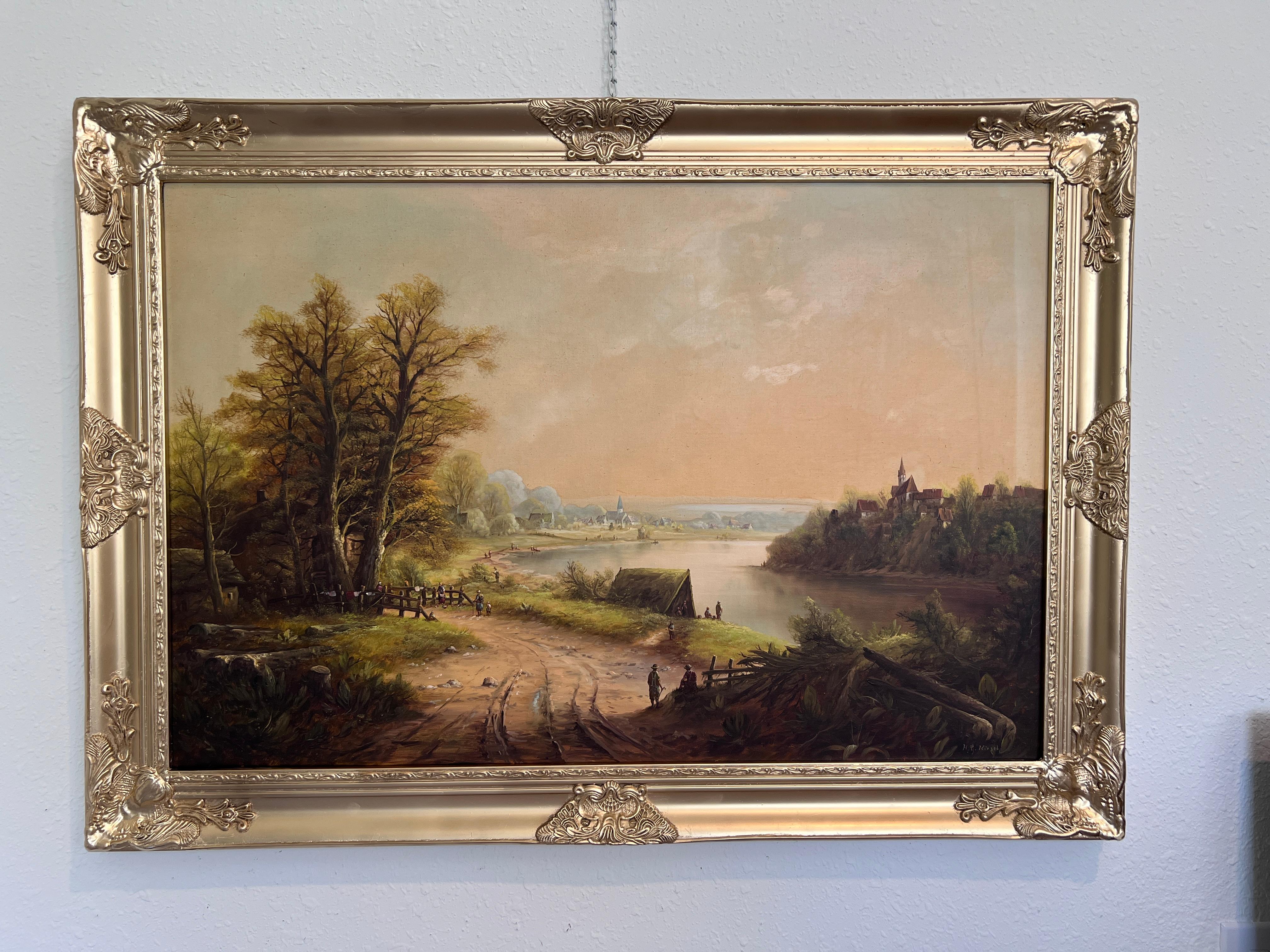 H.G. Kiesel (German Artist 20 c.) Landscape Oil Painting River Village Framed For Sale 9